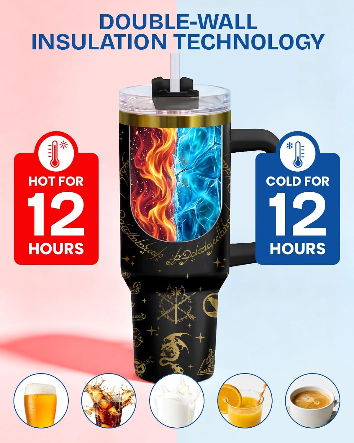 34HD Lord Fantasy Adventure - Vaso de café con aislamiento de acero inoxidable de 40 onzas, taza de viaje con asa y tapa para pajilla, segunda taza de café, regalos para amantes de los libros