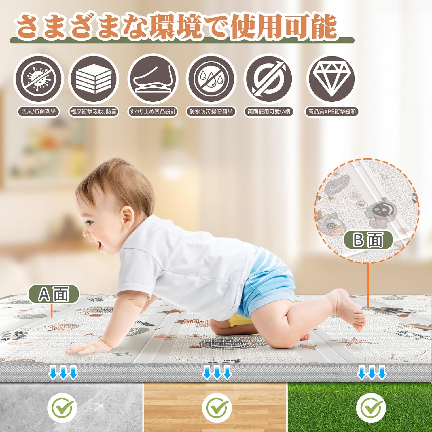 Baby Play Mat, Thick, Large, Foldable, Baby Mat, Waterproof, Portable Nap Mat, Soundproofing, Shock Absorption, Storage Bag Included, Easy Storage, Children's Room, Picnic (Airship + Space, 63.0 x