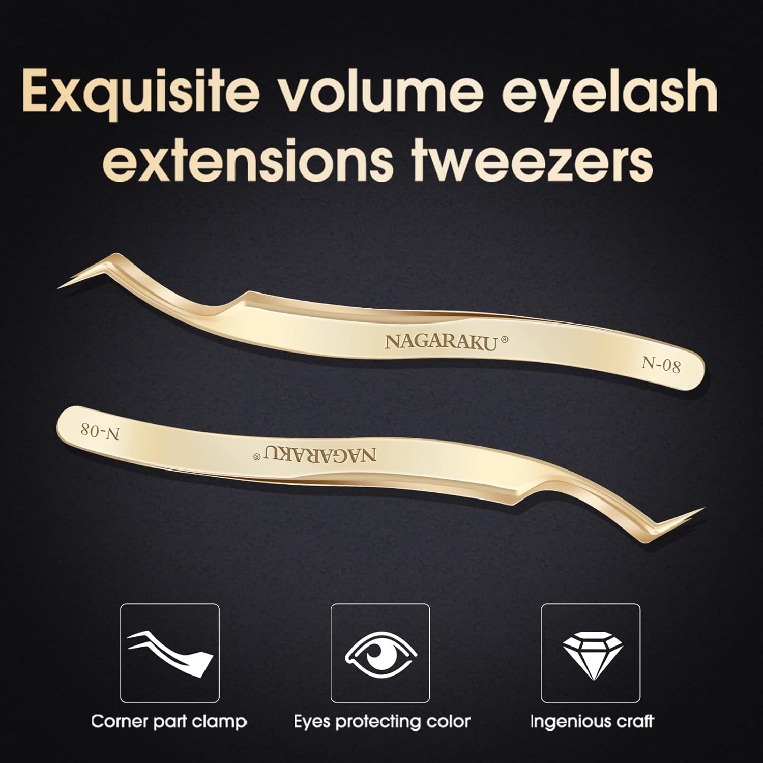 NAGARAKU Eyelash Extension Tweezers Gold Curved Angle Volume Cluster Precision Ultralight Stainless Steel (N-08)