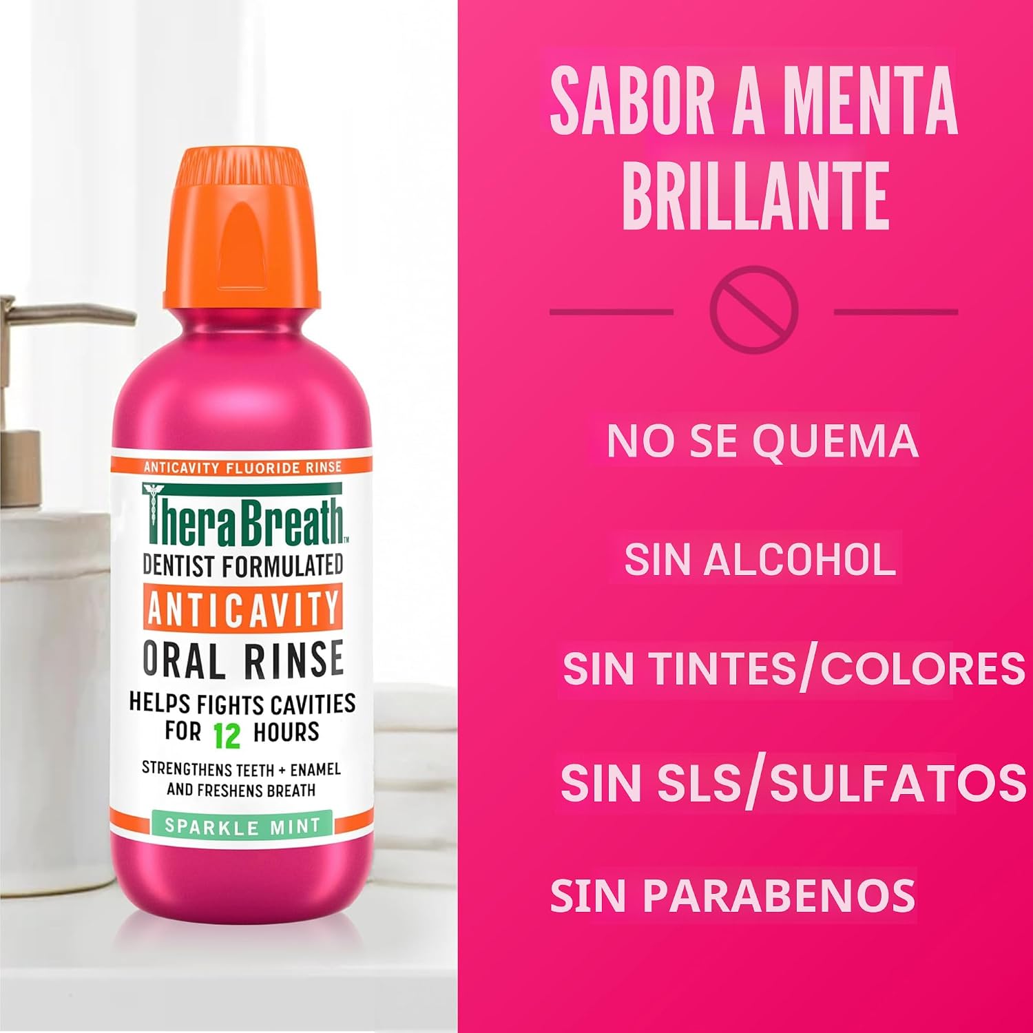 TheraBreath - Enjuague bucal anticaries con flúor oral, combate las caries, fortalece el esmalte y refresca el aliento, formulado por dentistas, sin alcohol, sabor a menta brillante, 16 onzas líquidas