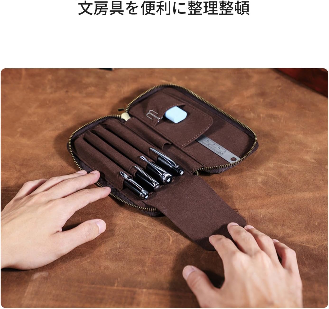 Contact's family Crazy Horse Leather Multi Stationery Pouch - Hand Sewing Craftsmanship Small Leather Pencil Case 4 Pen Holder Pencil Lead Holder with ID Pocket