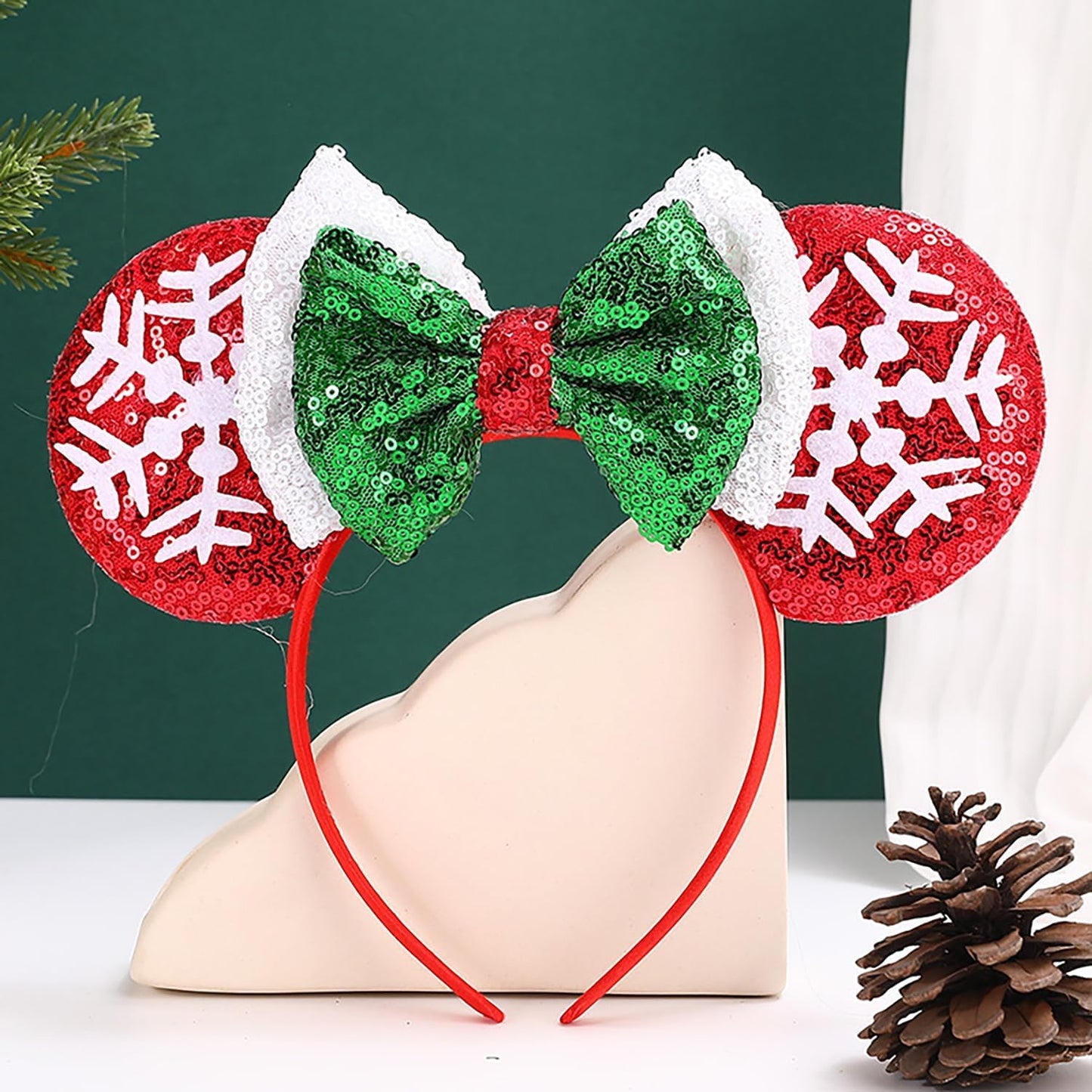 Pink Minnie Ears Headband Hair Band for Women Girls Fashion Design (Red Christmas Flake)