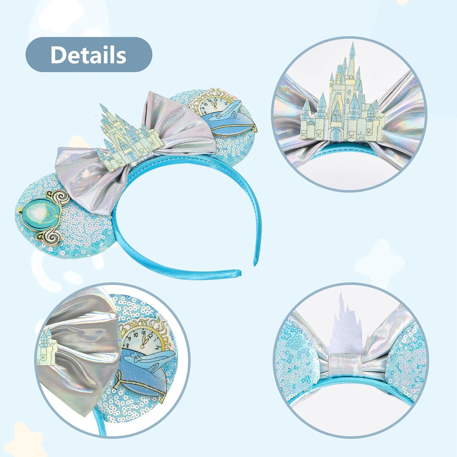 LYLIN Diadema con orejas de ratón, orejas de ratón azules con lazos de castillo para mujeres y niñas, accesorios para el cabello, orejas de parque, viajes, fiesta, cosplay, accesorios