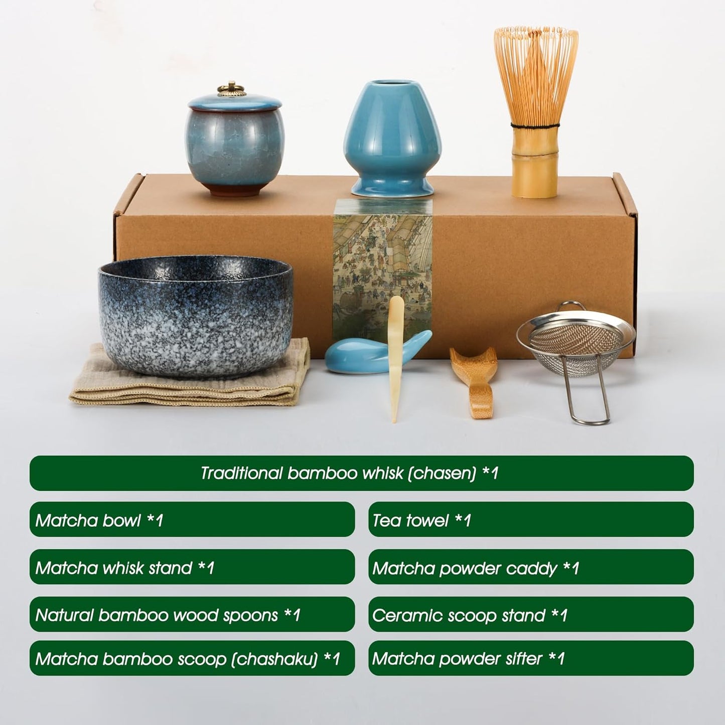 DiDiBirDi Matcha Bowl Set, Matcha Bowl, 9 Piece Set, Suitable for Beginners, Can Also Be Used as a Gift Matcha Whisk Stand, Matcha Bamboo Scoop, Natural Bamboo Wooden Spoon, Traditional Bamboo Chasen