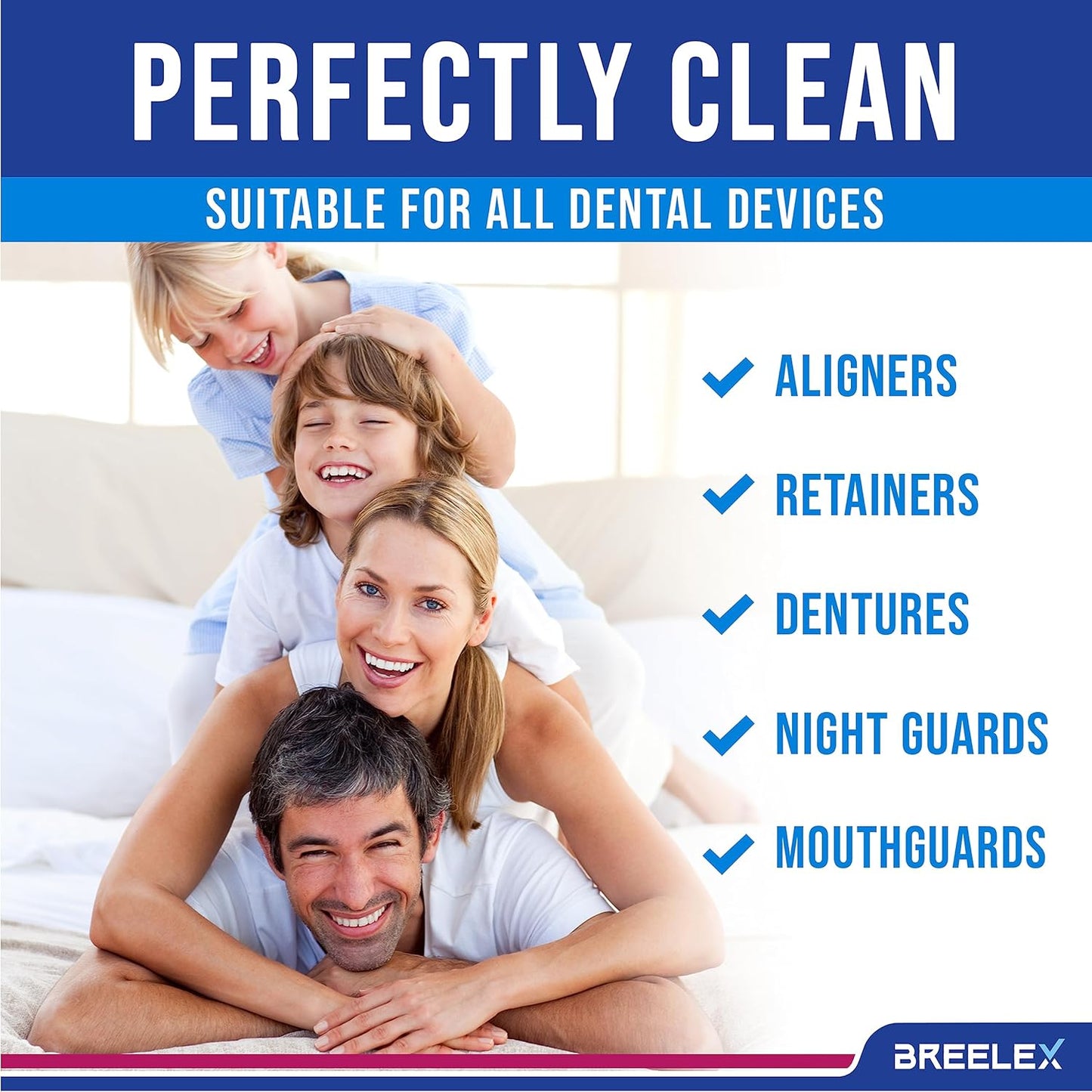 Breelex Tabletas limpiadoras de retenedores para dentaduras, alineadores y protectores nocturnos, 120 tabletas de limpieza de dentaduras, limpieza profunda de 3 minutos, elimina la placa, las manchas