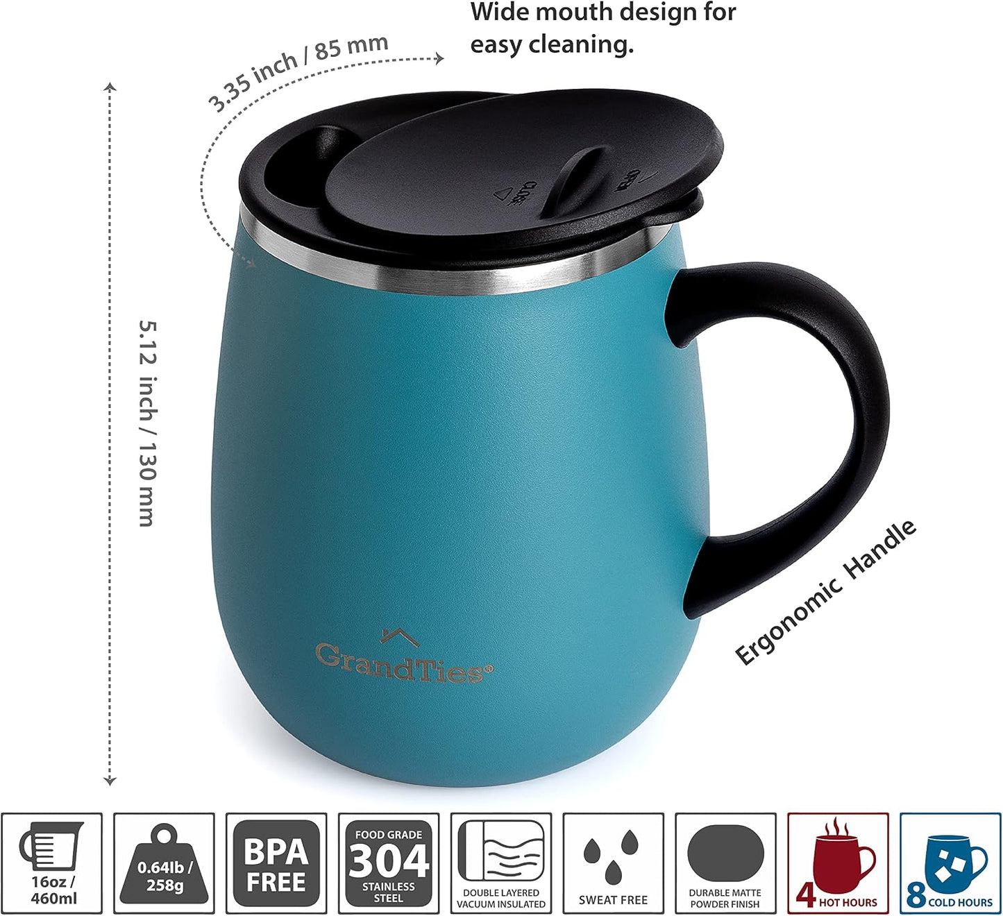 GRANDTIES 19 Colors Premium Vacuum Insulated Mug, 16.2 fl oz (460 ml), Mug with Easy Open Slide Lid, Stainless Steel, Double Wall Vacuum Insulation, Hot & Cold Protection, Popular in Office (Atlantis
