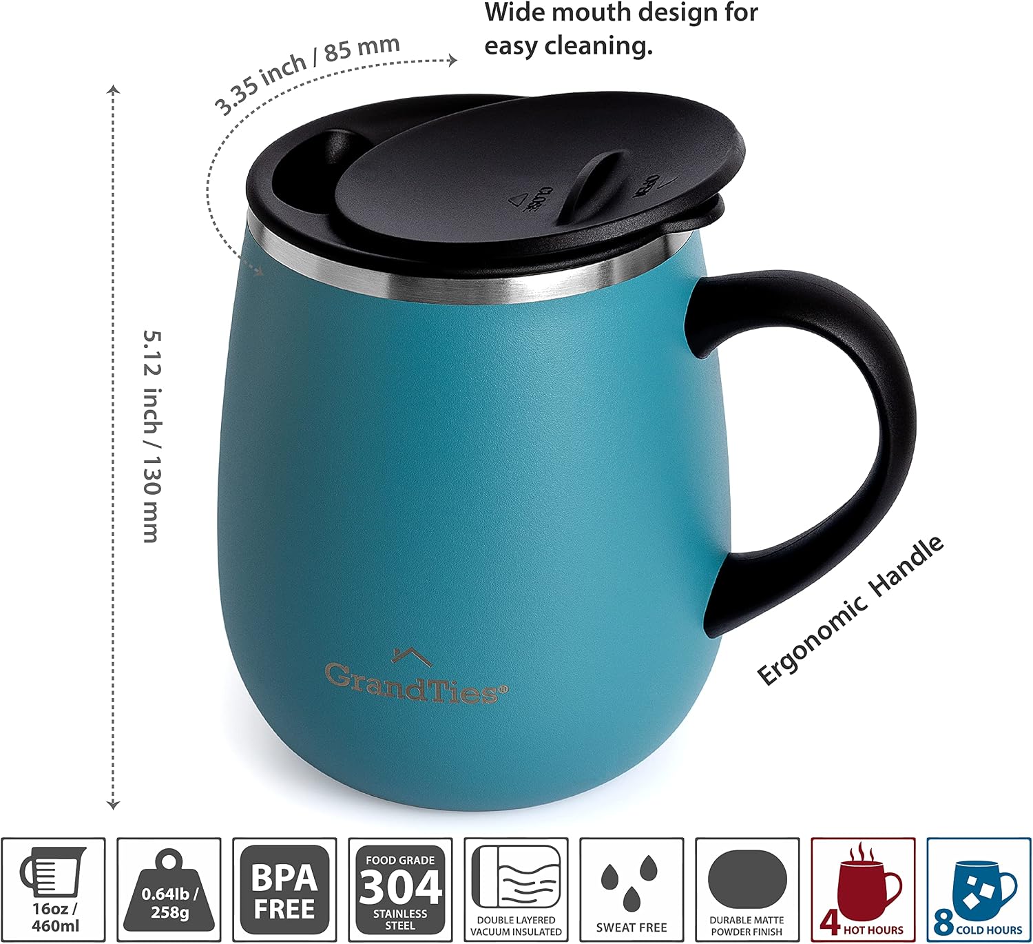 GRANDTIES 19 Colors Premium Vacuum Insulated Mug, 16.2 fl oz (460 ml), Mug with Easy Open Slide Lid, Stainless Steel, Double Wall Vacuum Insulation, Hot & Cold Protection, Popular in Office (Atlantis