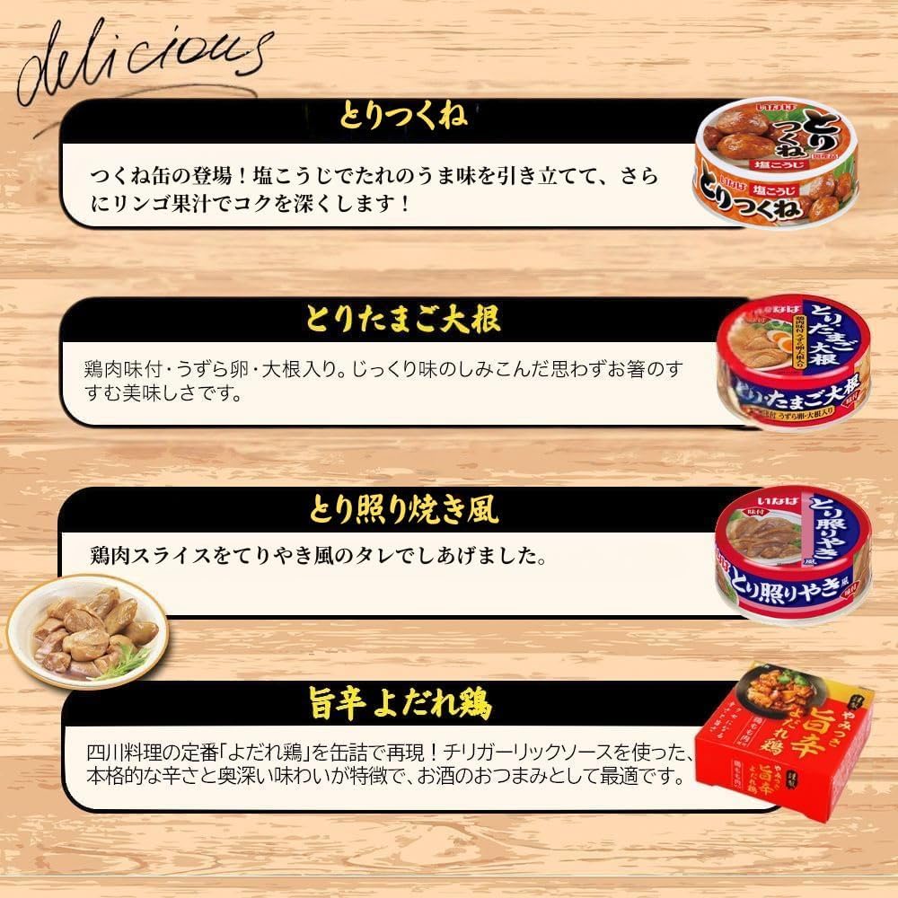 Canned Food 19-Variety Set Meat, Fish, Vegetables, Prepared Foods Assortment | Hotei, Inaba, Kyoei, Houkou | Yakitori, Mackerel Miso, Hijiki | Includes Yakumi Baachan's Seven-Spice Chili | Emergency