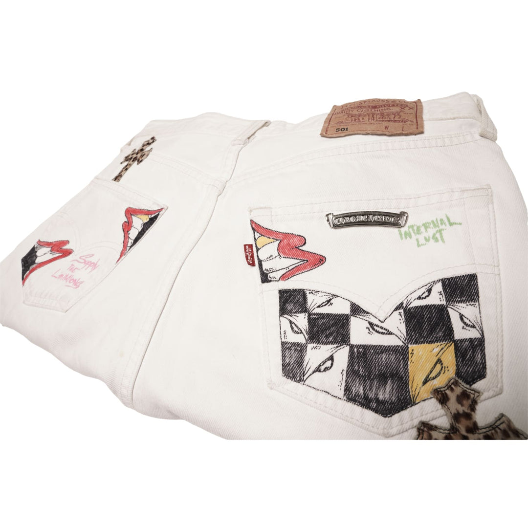 CHROME HEARTS MATTY BOY 'SEX RECORDS CHEETAH PATCH' LEVI 501 WHITE JEANS