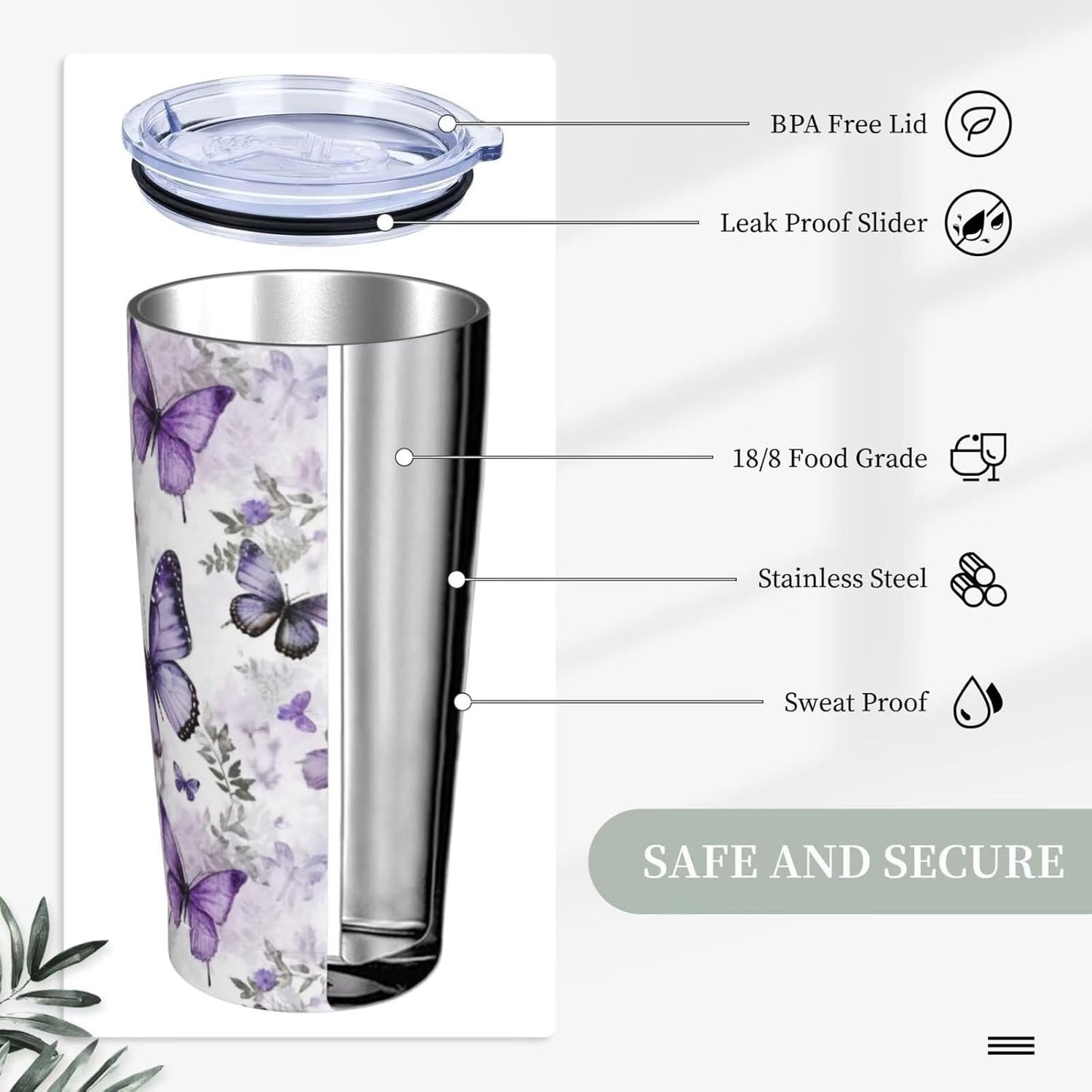 Vaso aislado de acero inoxidable de 20 onzas con tapa y pajilla, diseño vintage de mariposas florales, acuarela, taza de café, té, vino, botella de agua para mujeres y hombres