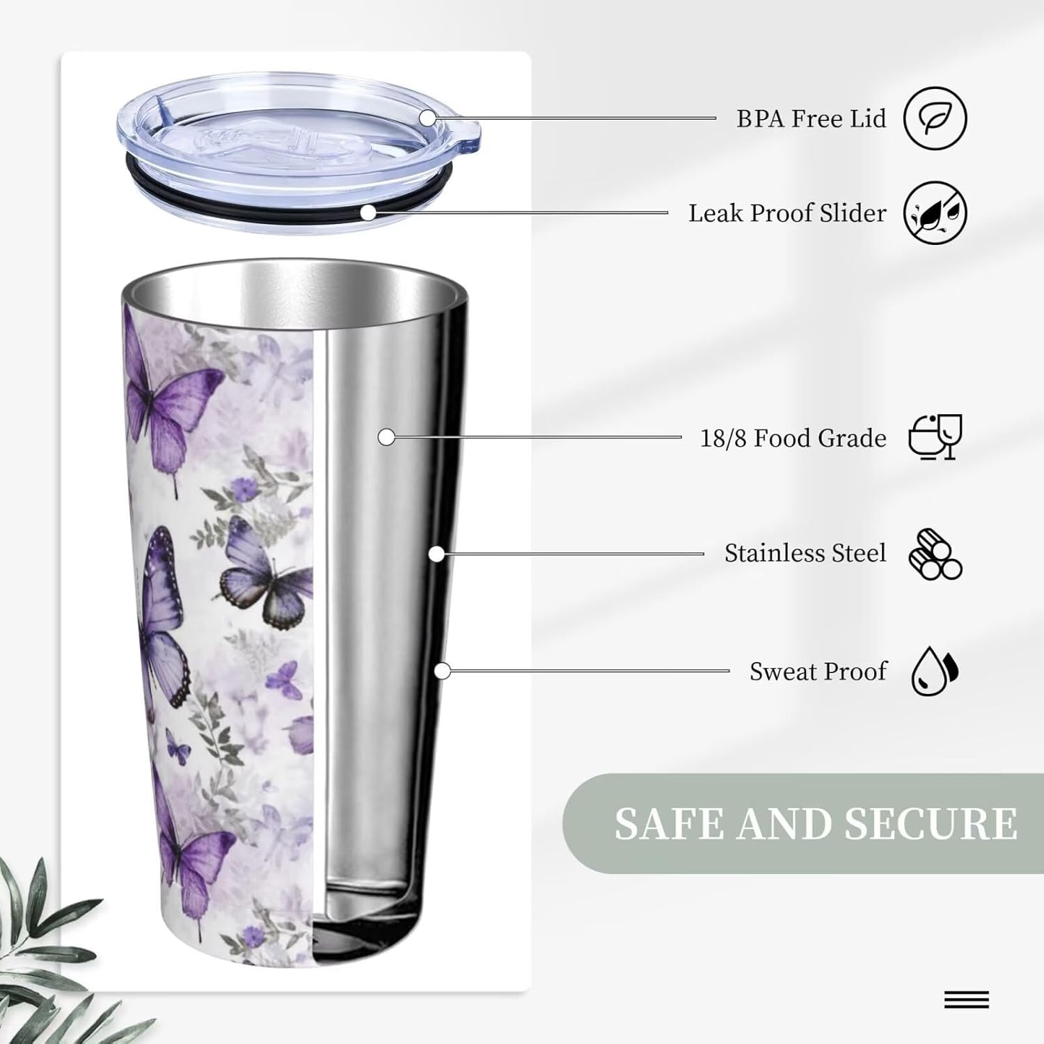 Vaso aislado de acero inoxidable de 20 onzas con tapa y pajilla, diseño vintage de mariposas florales, acuarela, taza de café, té, vino, botella de agua para mujeres y hombres