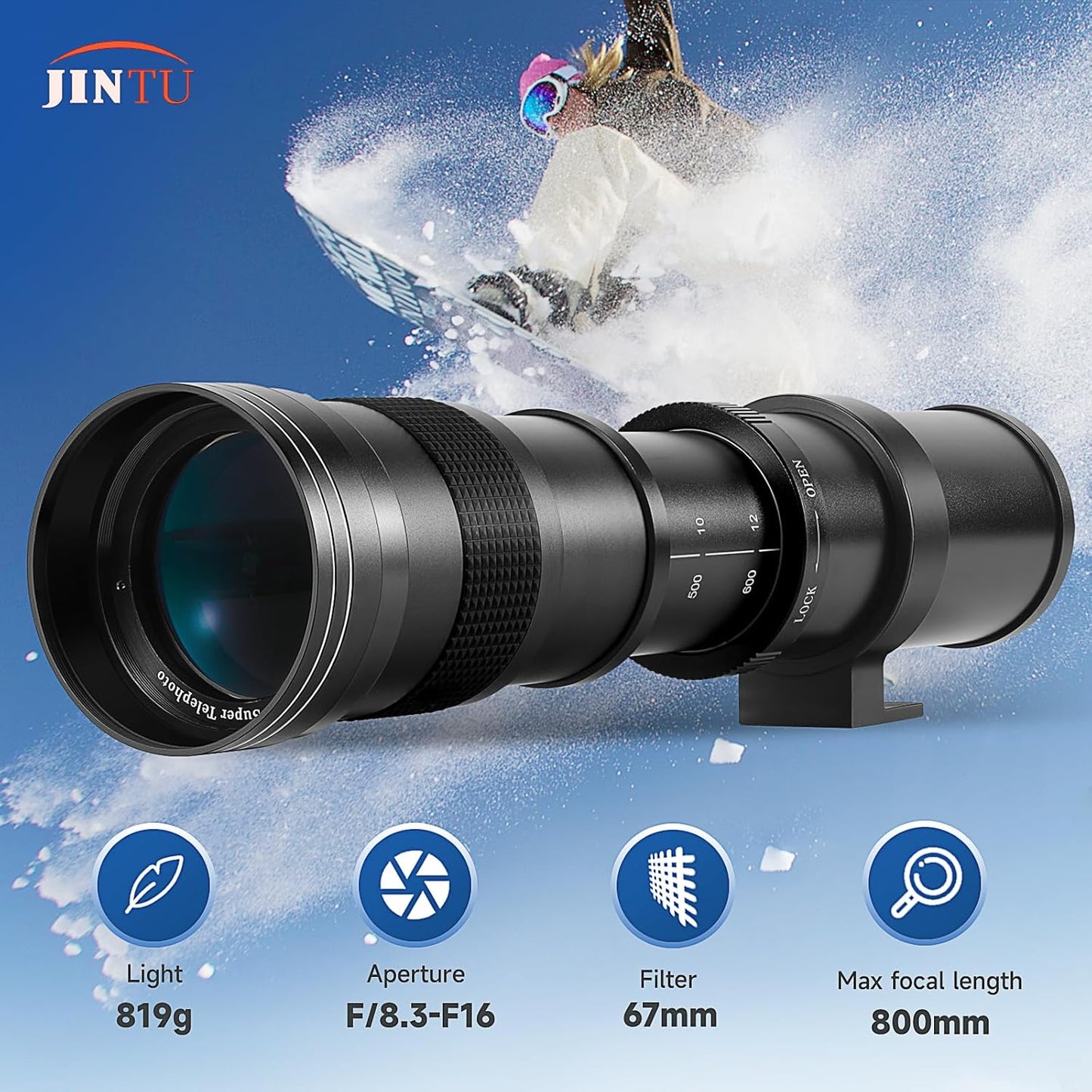 JINTU Telephoto Lens 420-1600mm f8.3 Zoom SLR Camera Lens for Canon T7i T6 T6i T6s T7 T8i T3i, T4i, T5, T5i, SL2, SL1 4000D 2000D 80D 90D 5D III 6D 7D II 60D 70D 70D Telephoto Lens D 250D 750D 760D