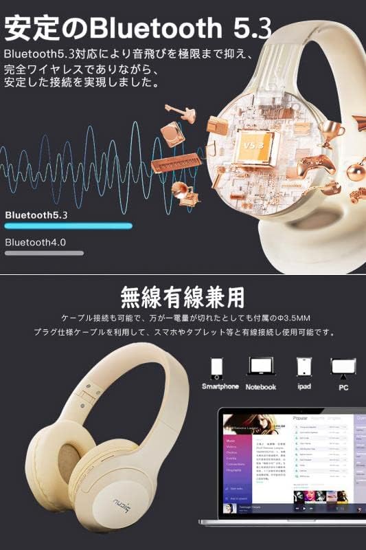 Headphones, Over-ear Headphones Upgraded Version Bluetooth V5.3 HiFi Stereo Closed-back Heavy Bass No Delay Lightweight Foldable 40mm HD Driver Unit 50H Playback/Talk Time Noise Cancelling Foldable