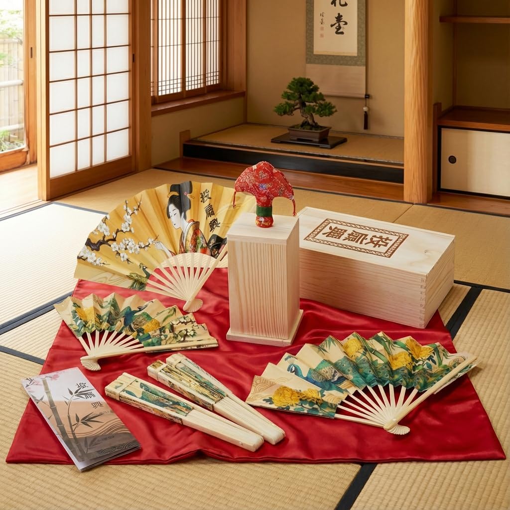 Artisan Craft Pine Pillow, 5 Handwriting Fans, Butterfly, Rug, Wooden Box Included, Authentic Set, Elegant Japanese Play, Japanese Fan, Lightweight, Traditional Crafts, Hand Held, Japanese Clothing