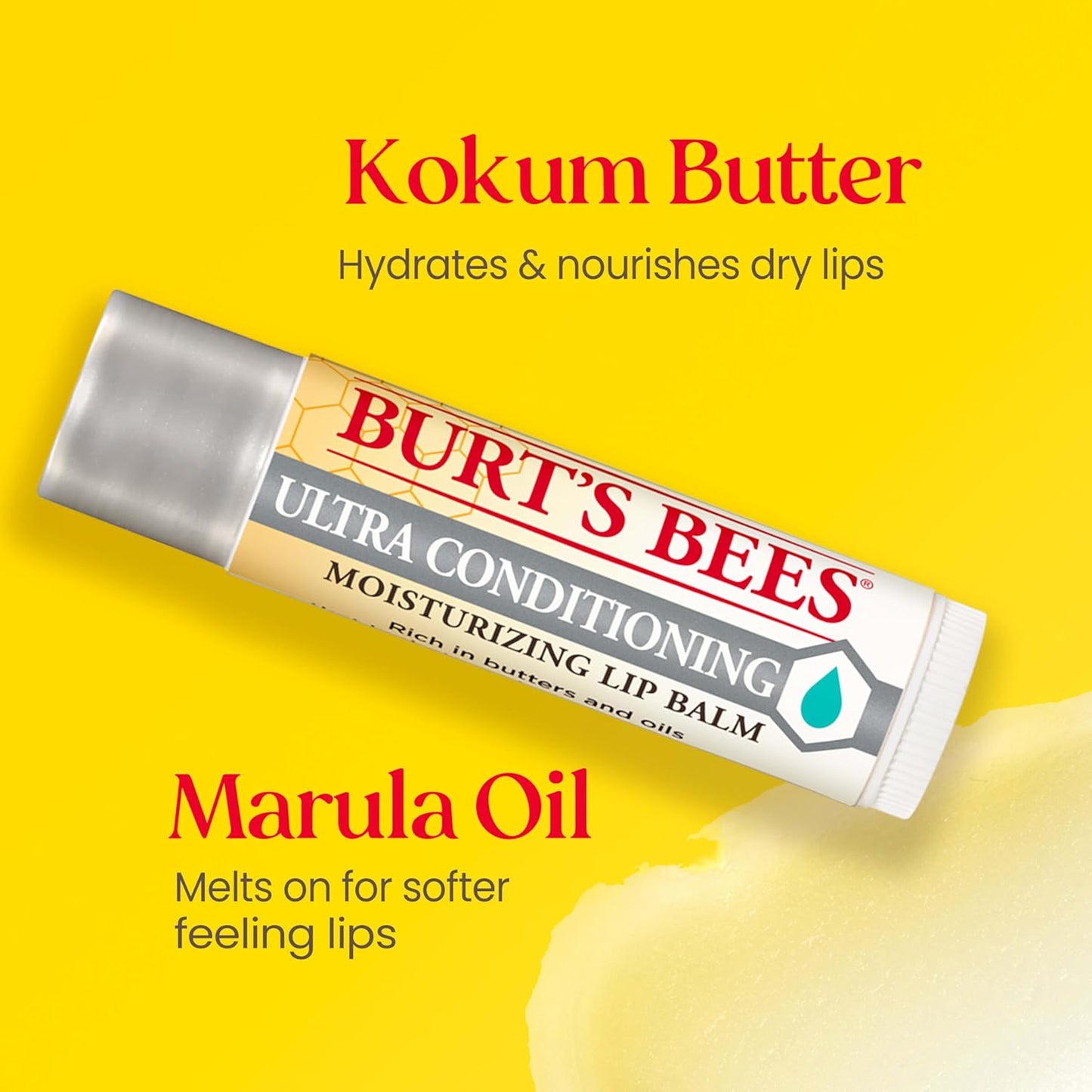 Burt's Bees Bálsamo labial, cuidado de labios hidratante, 100% de origen natural, ultra acondicionador con karité, cacao y manteca de kokum, 0.15 onzas, cuatro tubos
