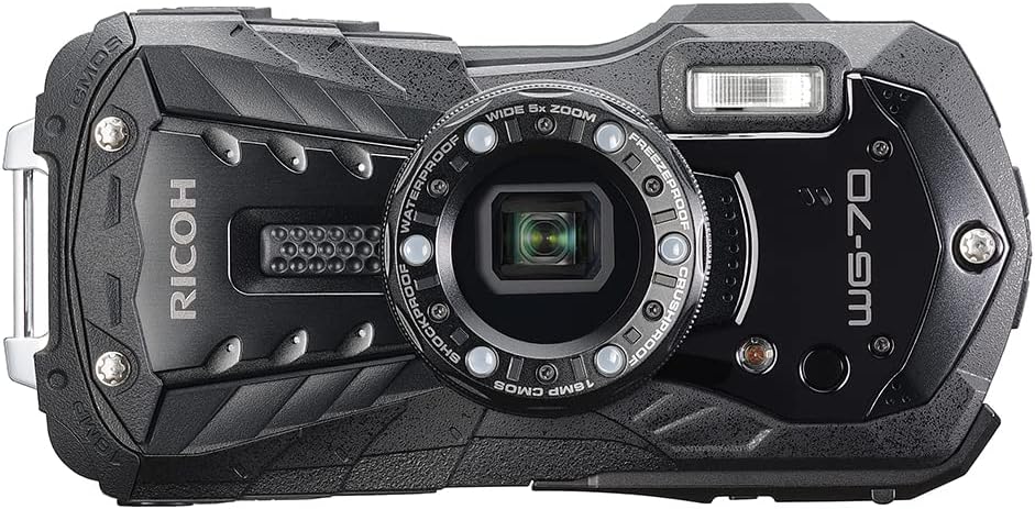 RICOH WG-70 03866 Waterproof Digital Camera, Waterproof to 45.9 Feet (14 m) (2 Hours Continuous), 5.2 Foot (1.6 m) Drop Impact Resistance, Cold Resistant to 14 °F (-10 °C), CALS Mode, Rugged, Black