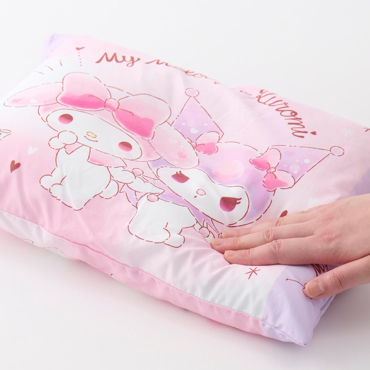 MORiPiLO Children's Pillow, Low Profile, My Melody and Kuromi, Sanrio Characters, Love Love Pink, Approximately 11 x 15.4 inches (28 x 39 cm), Skin-friendly 100% Cotton Fabric, Washable, Cover