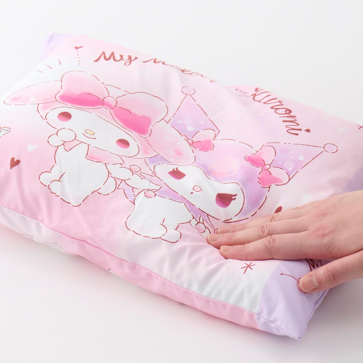 MORiPiLO Children's Pillow, Low Profile, My Melody and Kuromi, Sanrio Characters, Love Love Pink, Approximately 11 x 15.4 inches (28 x 39 cm), Skin-friendly 100% Cotton Fabric, Washable, Cover