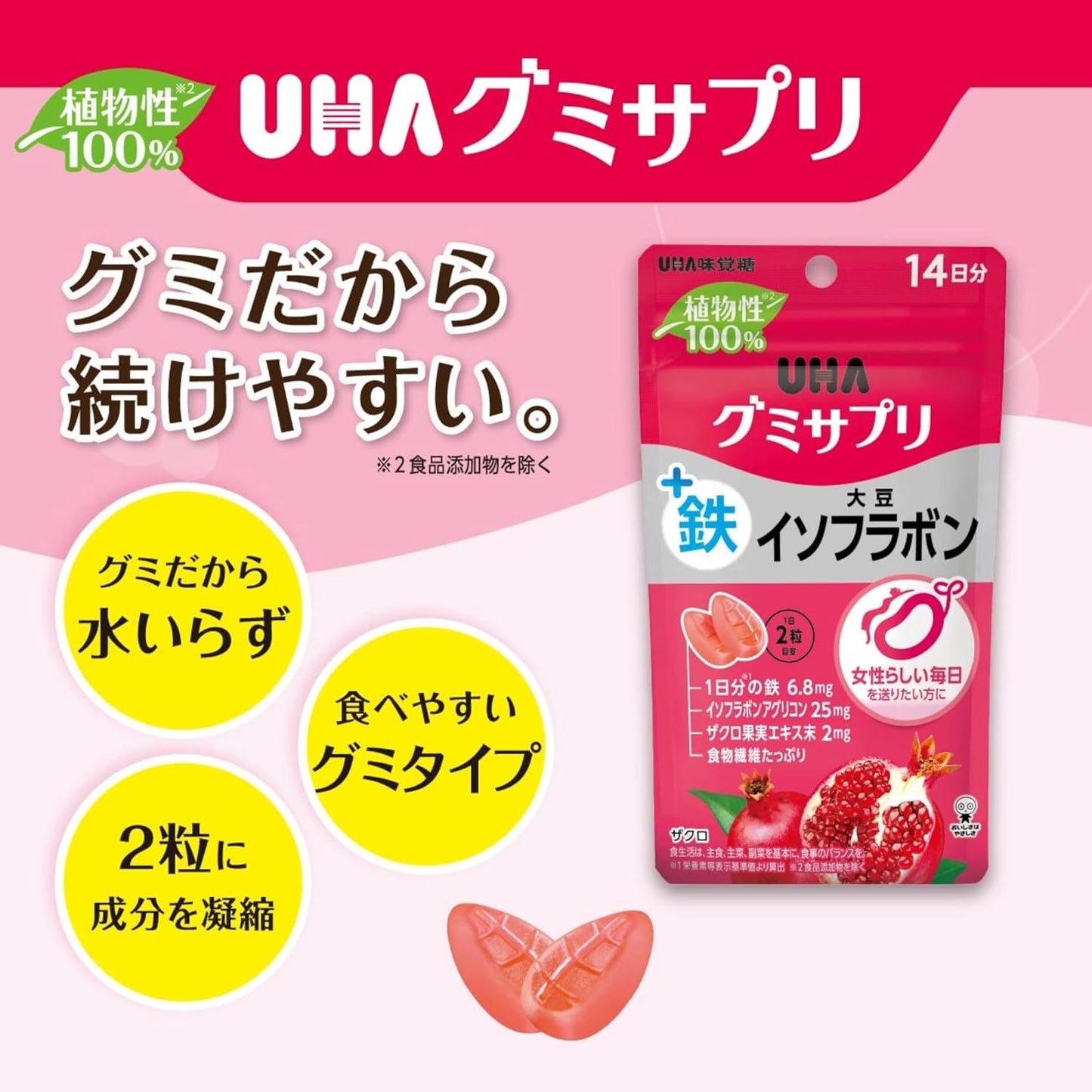 UHA Gummy Supplement, Iron + Soy Isoflavone, 14 Day Supply (28 Capsules), Pomegranate Flavor, Set of 2, Bonus