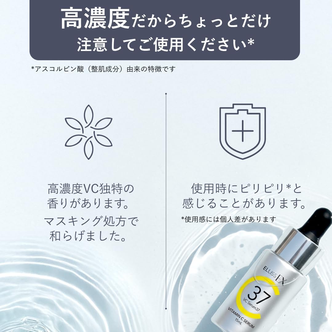 Elliss EX VC Serum 37, High Concentration, 37% Pure Vitamin C, Vitamin Derivative, Retinol, Hyaluronic Acid, Collagen, Skin Care, Transparency