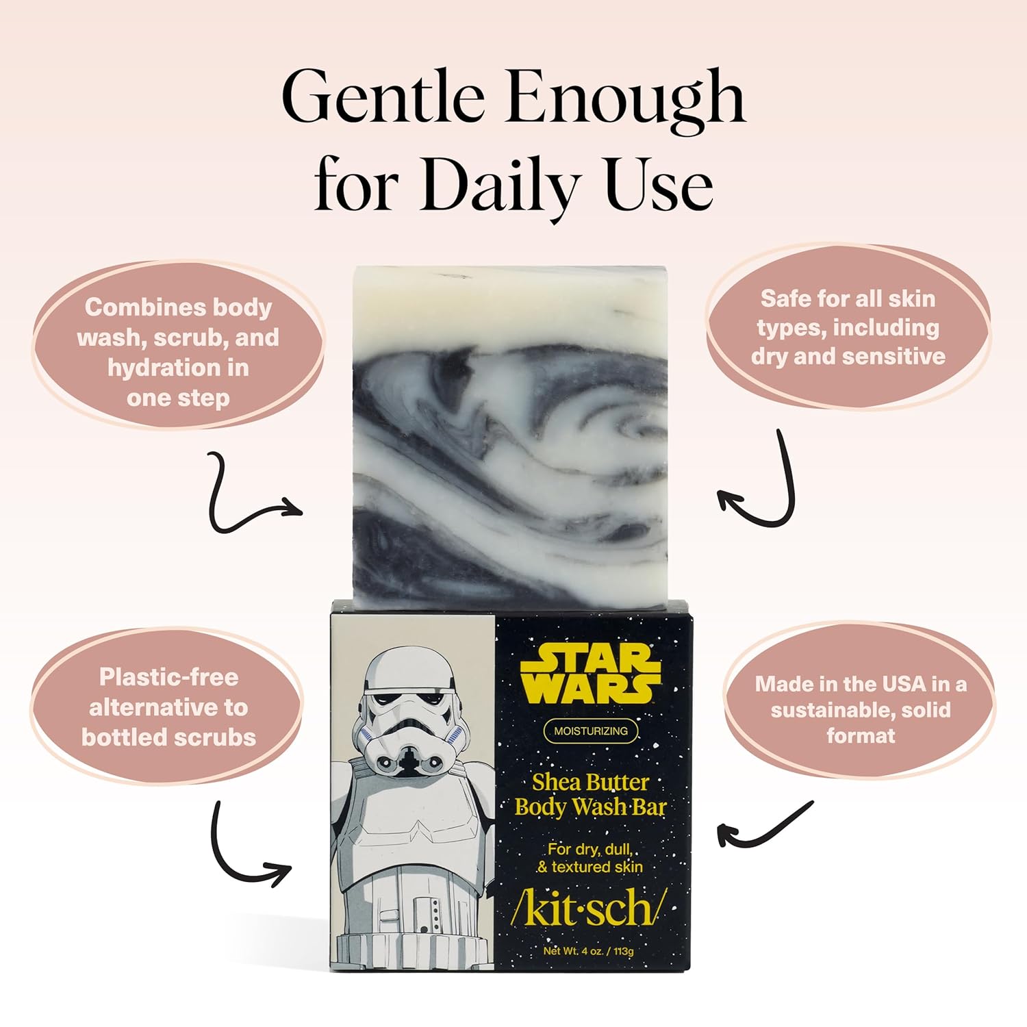 Kitsch Jabón corporal exfoliante de manteca de karité x diseño de Stormtrooper de Star Wars, jabón en barra hidratante y barra de jabón suave, hidrata, suaviza y calma la piel, sin parabenos, silicona