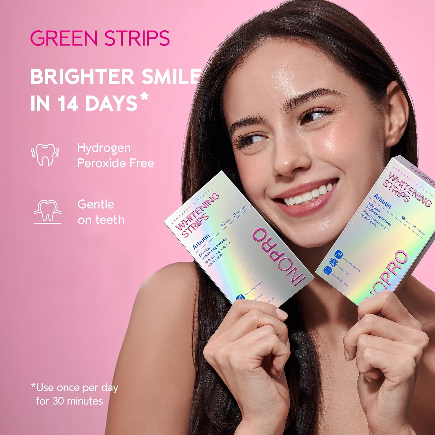 InoPro Kit de 14 Tratamientos de Tiras Blanqueadoras Dentales - Blanqueador Dental Seguro para el Esmalte, Sin Peróxido, Tiras Verdes y Blancas para Blanqueamiento Dental con Arbutina, Aceite de Coco