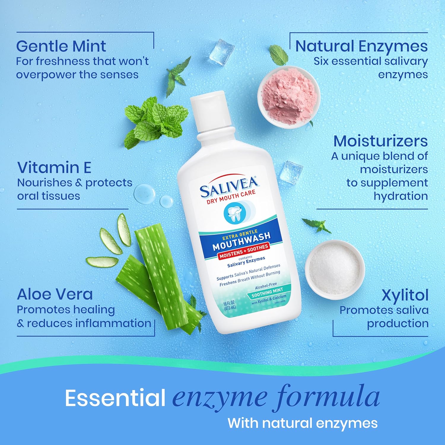 SALIVEA Dry Mouth Mouthwash Soothing Mint Flavor 16 oz Bottle Pack of 2 | Natural salivary enzymes gently freshen breath and aid daily oral care, sensitive-mouth formula for kids and adults