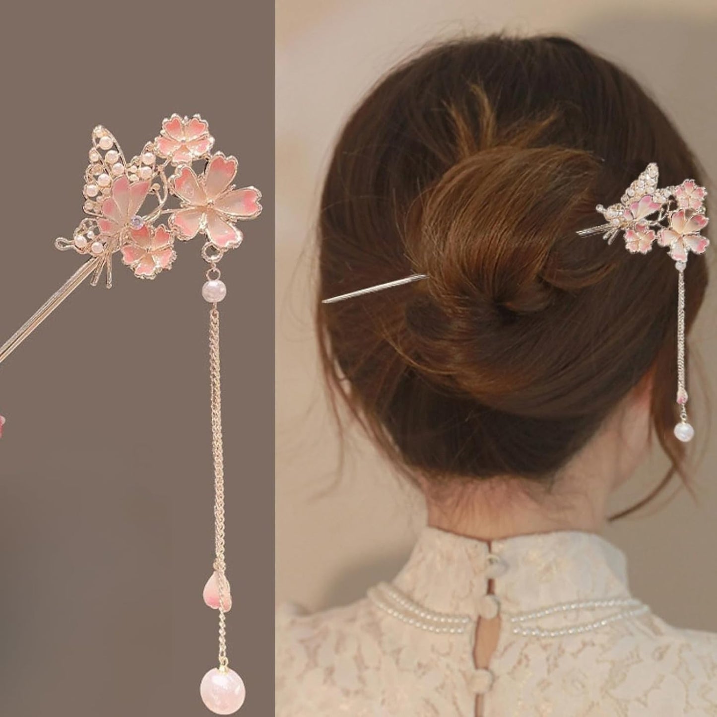 EZ PEACH Cherry Blossom Flower Pearl Hairpin Hair Clip Bangs Hair Closure Kimono Kimono Hair Accessory (Cherry Blossom 02)
