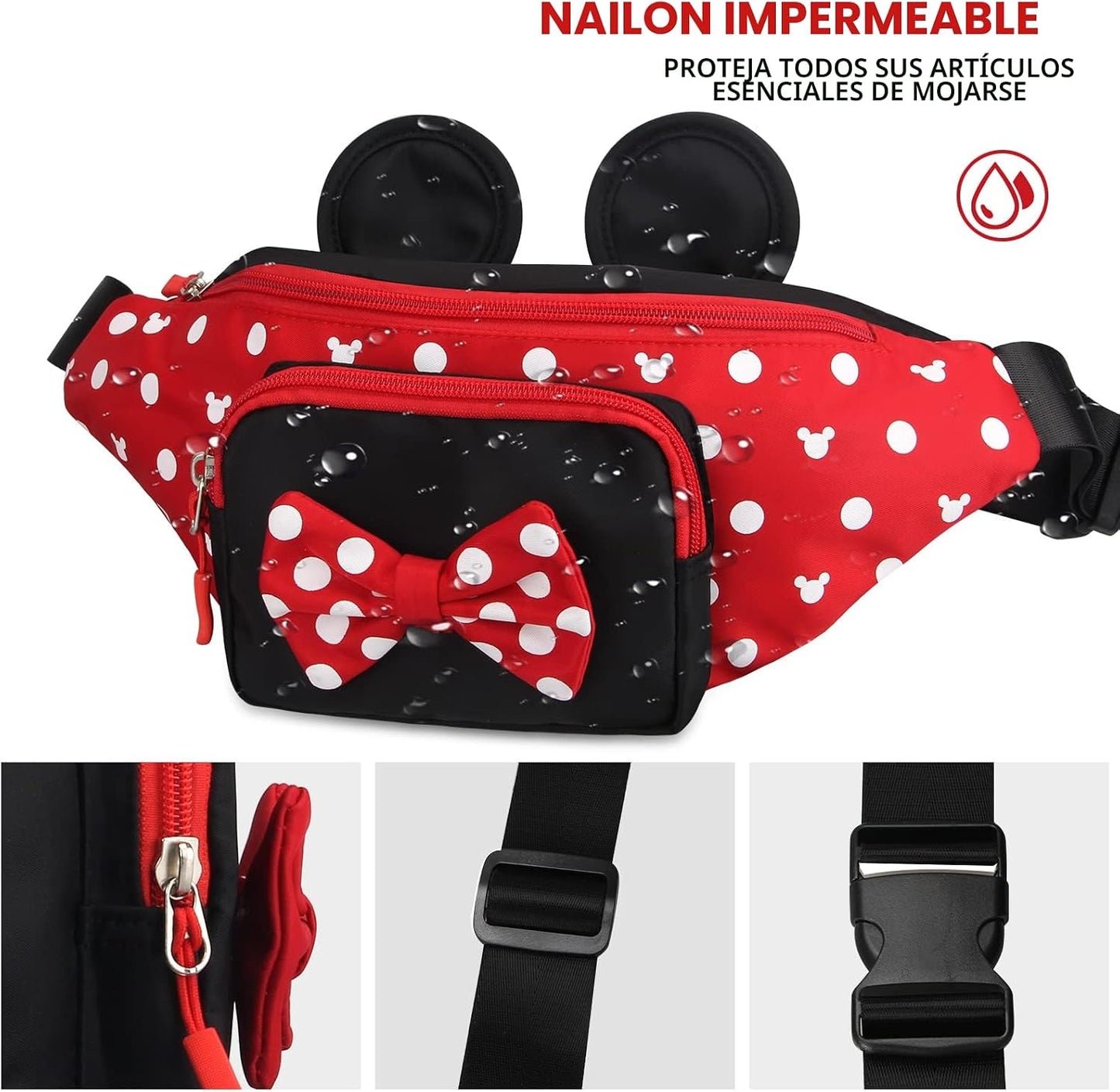 Riñonera linda para viajes, para mujeres, adolescentes y niñas, mini riñonera de ratón, cangurera de dibujos animados, para senderismo, bolsa de cintura al aire libre con orejas de ratón, Rojo, L