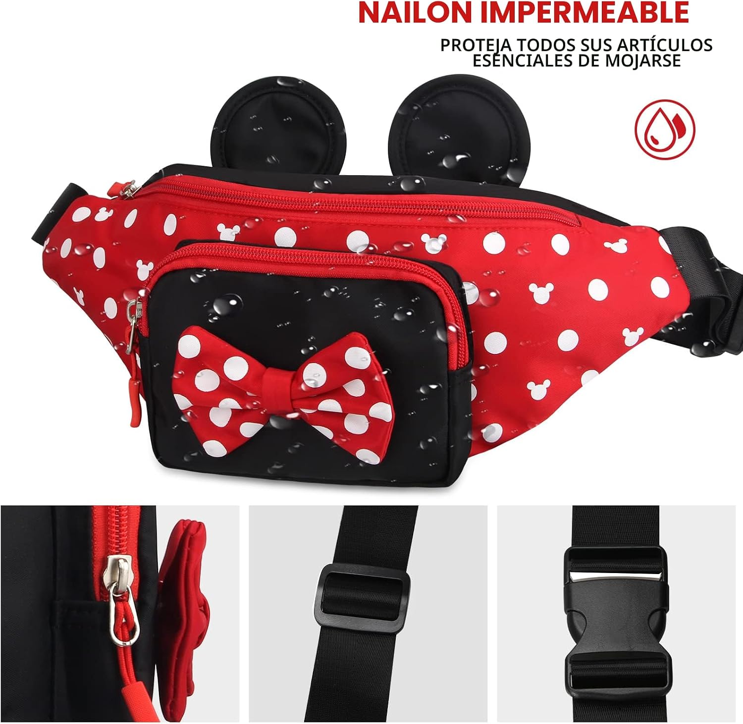Riñonera linda para viajes, para mujeres, adolescentes y niñas, mini riñonera de ratón, cangurera de dibujos animados, para senderismo, bolsa de cintura al aire libre con orejas de ratón, Rojo, L