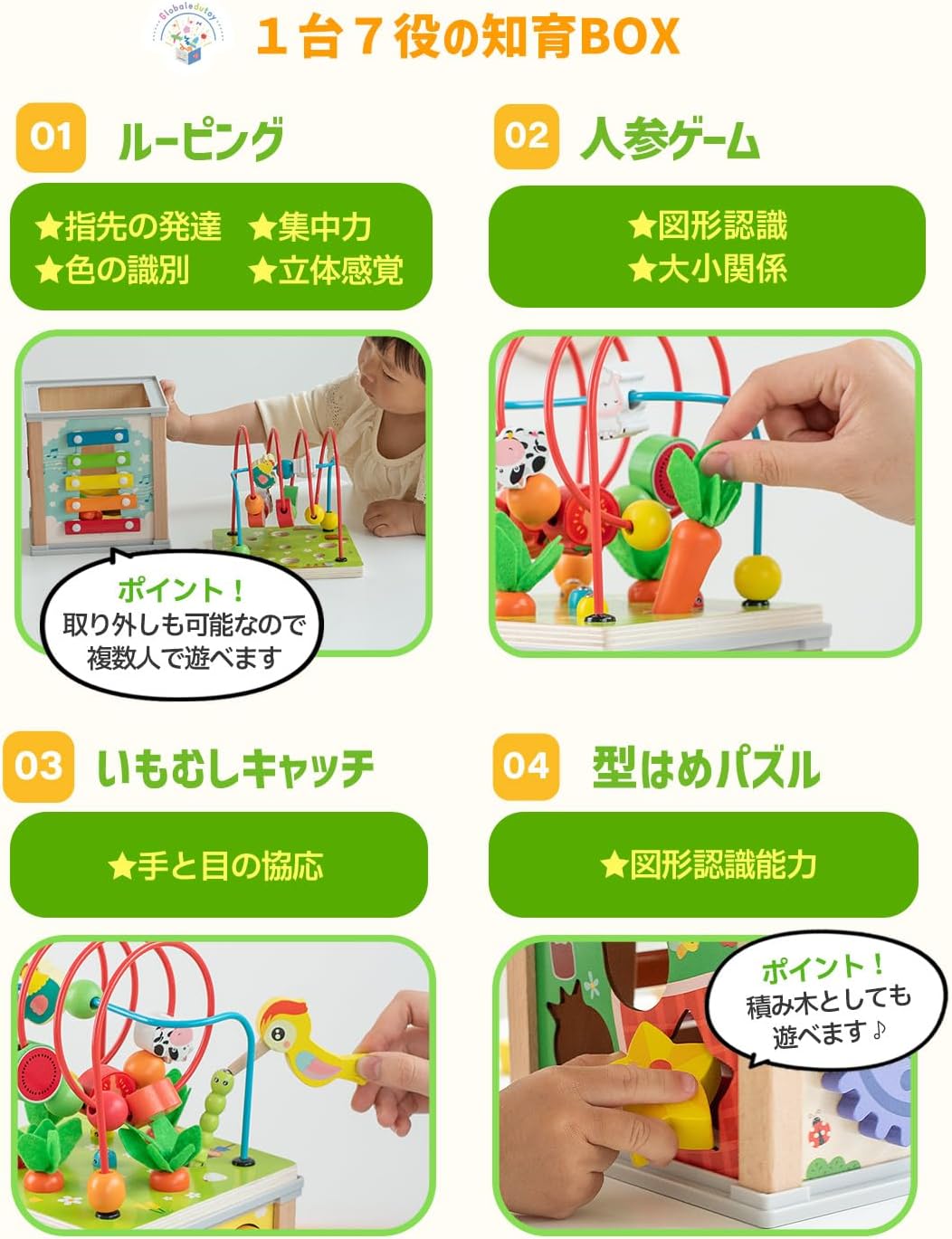 Montessori Toy (Recommended by Educational Professionals), Baby Toy, 0, 1, 2, Birthday Gift, Educational Toy (Food Sanitation Law Test Passed), 7 in 1 Activity Cube, Wooden, Looping, Shape, Boys,