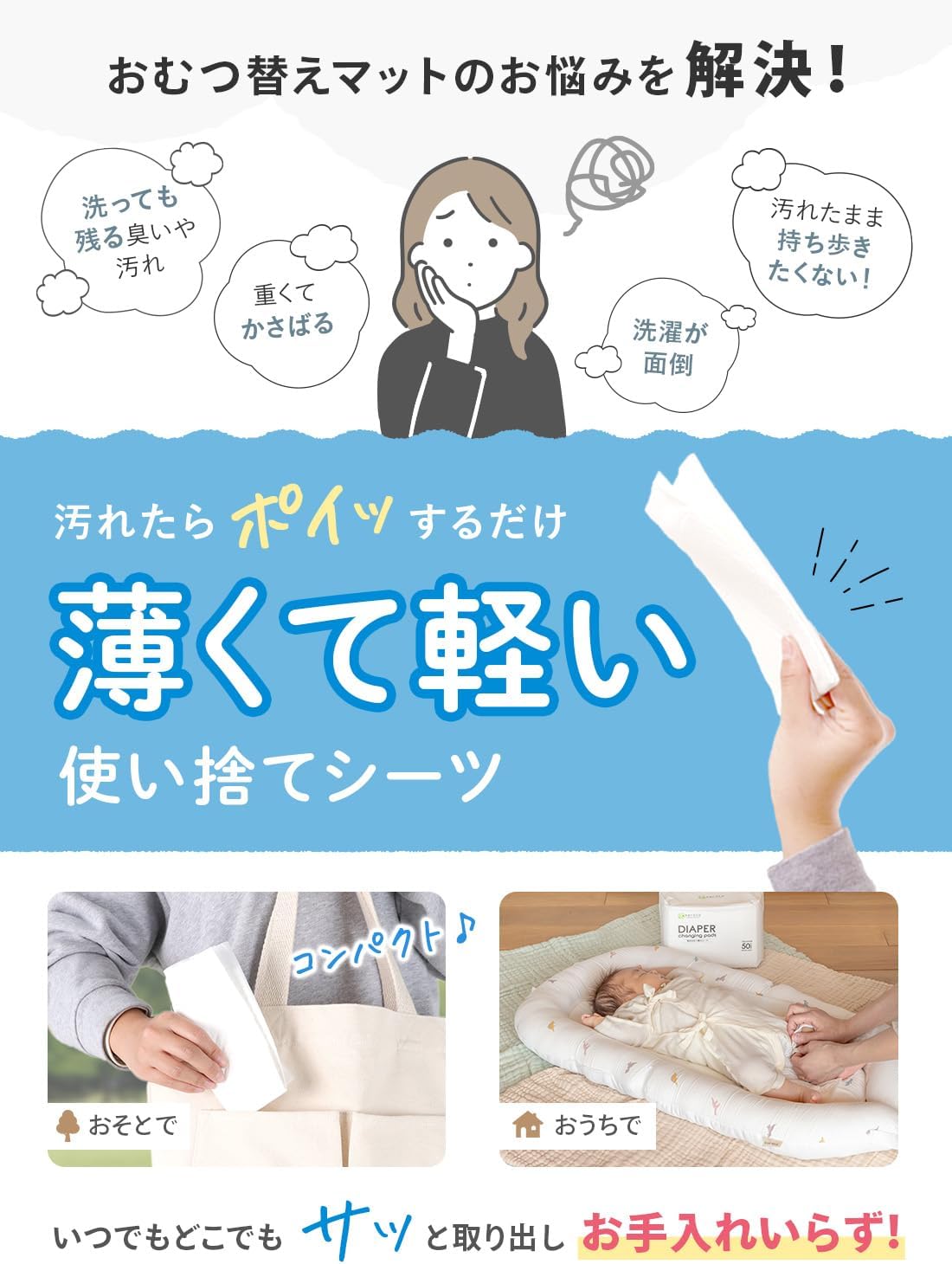 Keratta (ケラッタ) Waterproof Absorbent Diaper Changing Sheet, Disposable, Absorbency 150ml, 50 Sheets, White, Approximately 45 x 33 cm