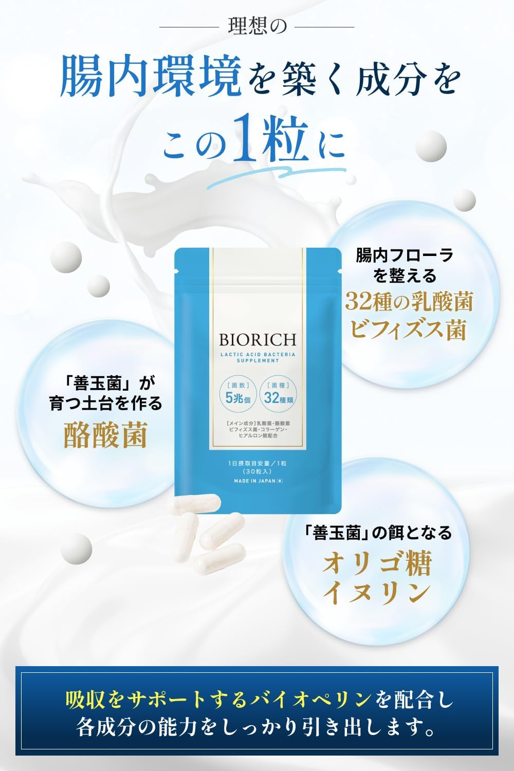 【Ideal Gut Health with 5 Trillion × 32 Types of Gut Health Bacteria】Lactic Acid Bacteria Supplement, 1 capsule per day for 30 days [Contains Bifidobacteria, Butyric Acid Bacteria, Beauty & Health