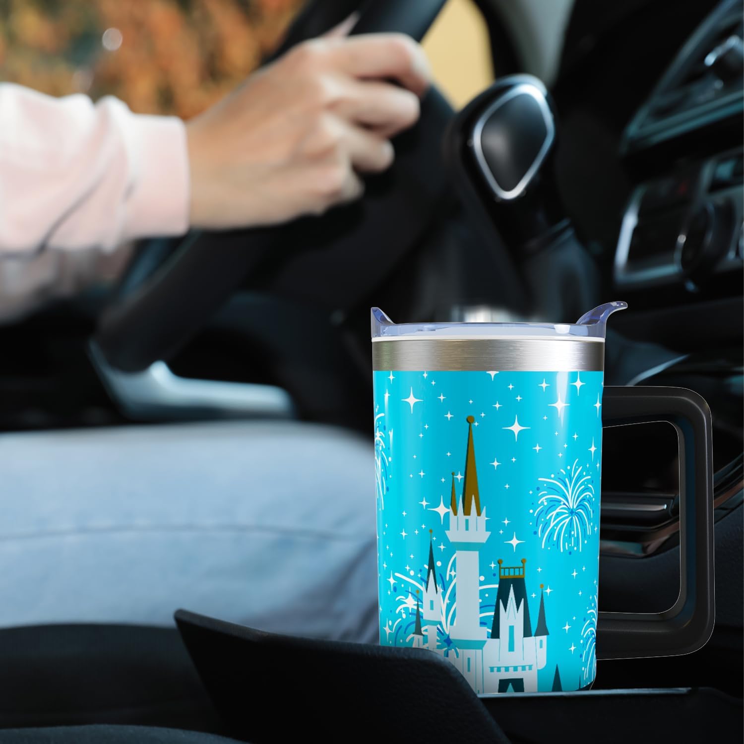 Vaso de 30 onzas con diseño de castillo de dibujos animados, con asa, tapa y pajilla, vaso aislado de acero inoxidable, taza de café de viaje con fuegos artificiales, regalo de cumpleaños, Navidad
