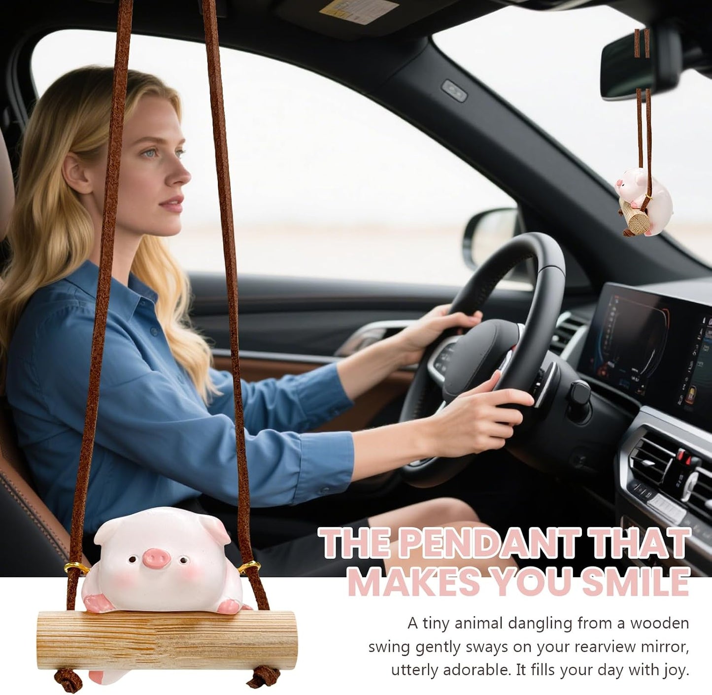 Adorno colgante de cerdo para automóvil, bonito colgante de espejo retrovisor de cerdo oscilante, encantadores dijes de espejo retrovisor de cerdos, decoración interior para sedanes, camiones