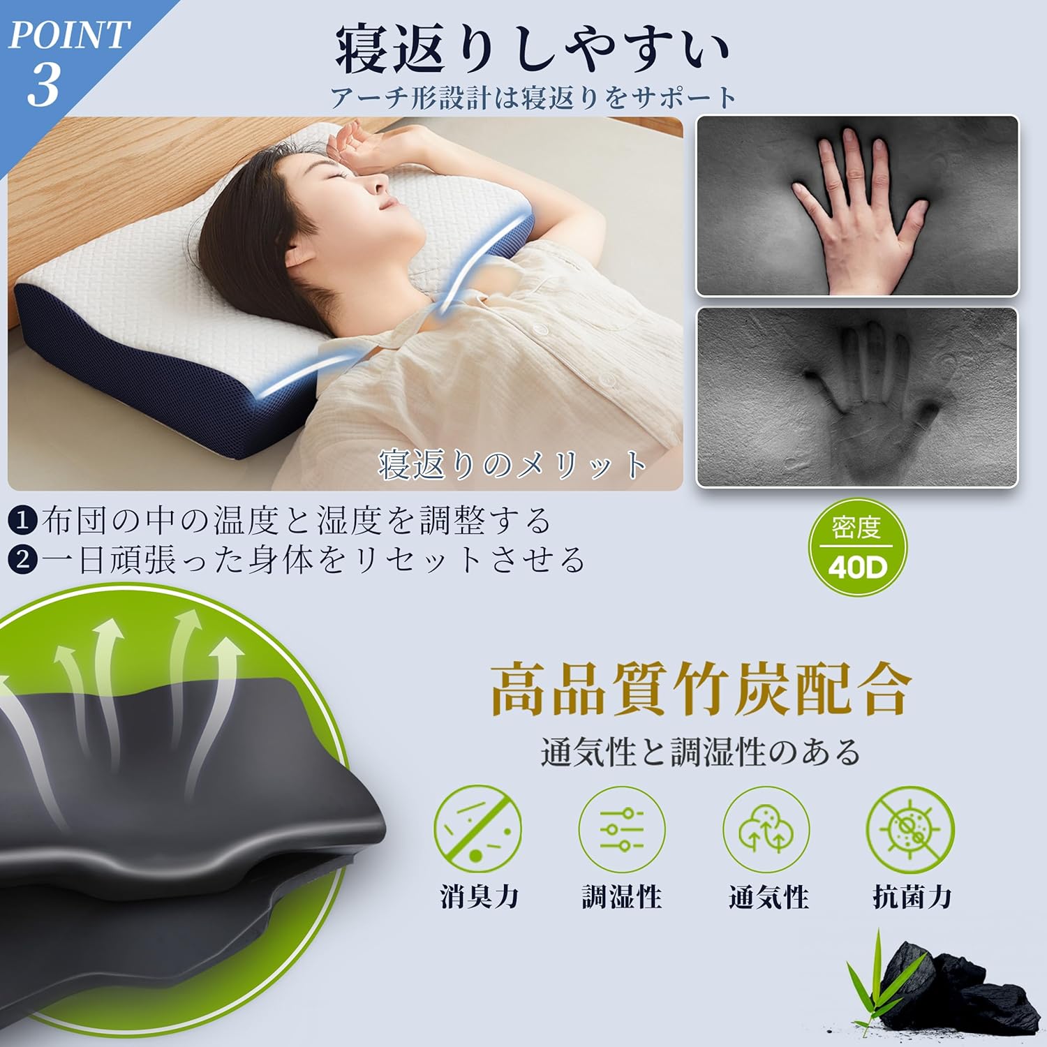DreamCat's Memory Foam Pillow, Made in Japan, Neck Painless, Adjustable Height, Backward, Side Facing, Gift (Dark Blue)