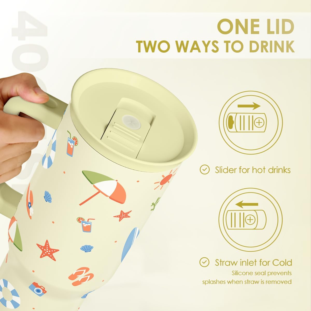 SANDJEST Vaso de 40 onzas con asa y pajilla, taza de café de viaje de acero inoxidable aislado para mujeres, niñas, amantes de la playa, idea de regalo para cumpleaños, Navidad, día de la madre, vacaciones de verano (color)
