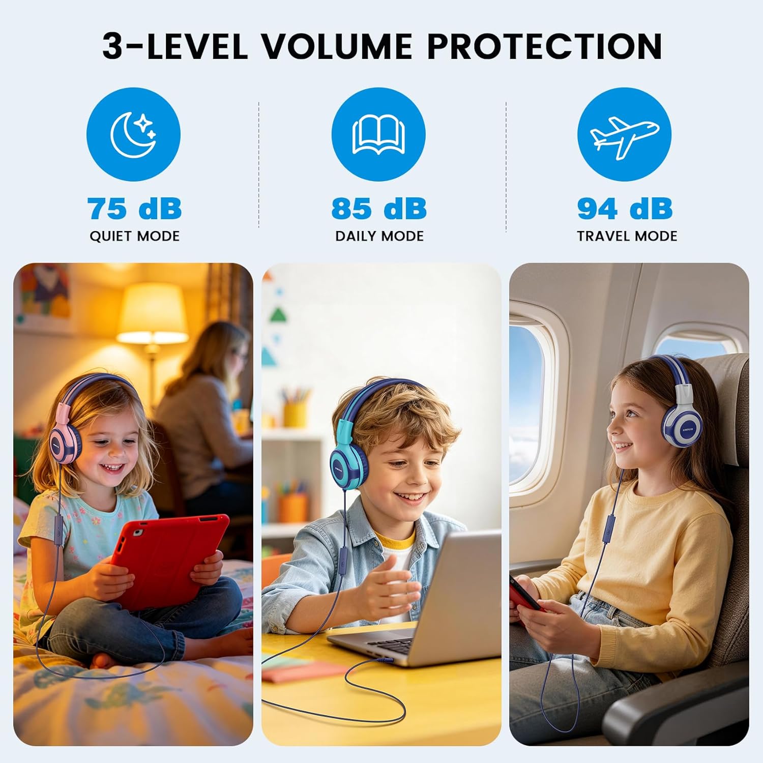 SIMOLIO Kids Headphones with Sharing Port Microphone Volume Limit for Children/Boys/Girls/Youth Wired Headphones with 3.5mm Stereo Plug for iPhone/iPad/Kindle/Tablet/Nintendo Switch School/Travel