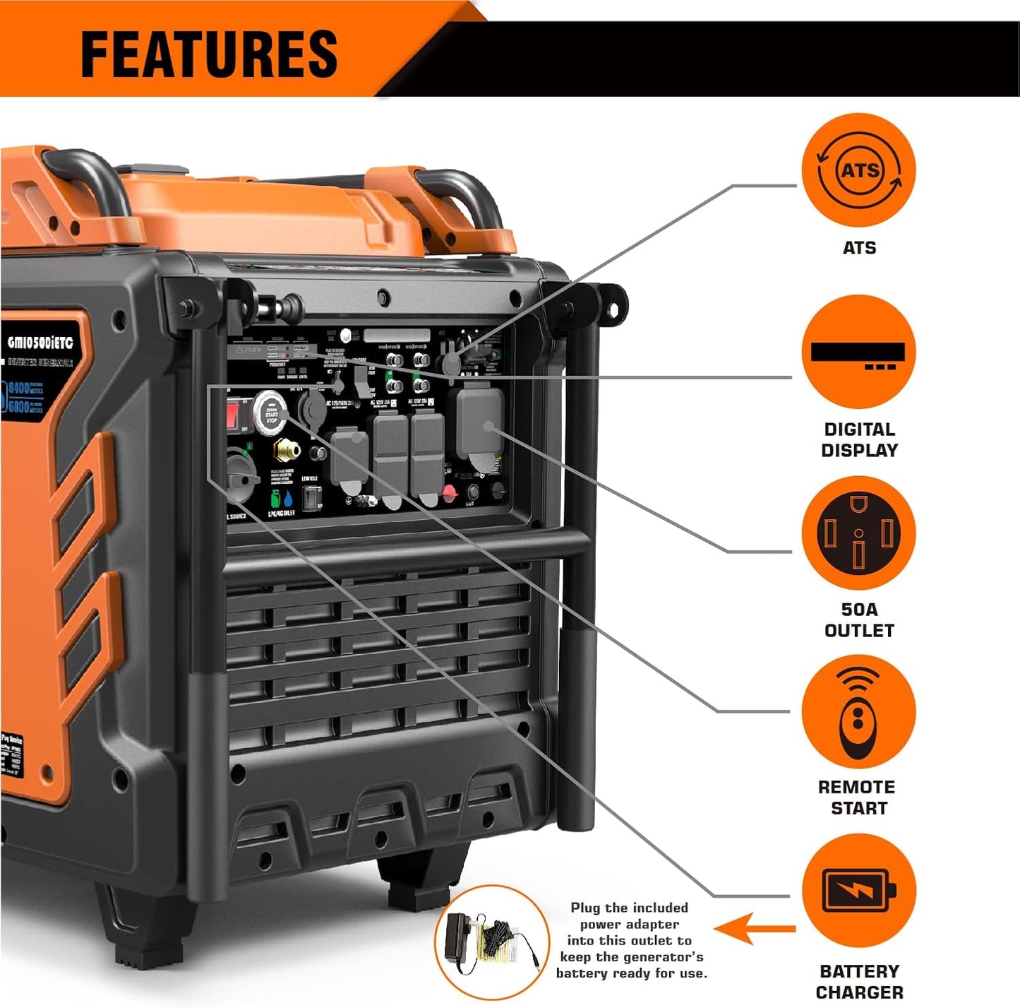 GENMAX GM10500iETC Tri-Fuel Inverter Generator, 10500 Watt, 458cc Tri-Fuel Gas, Propane, Natural Gas, Portable Generator, Ideal for Home Backup Power Supply, EPA & CARB Compliant, 50-State Approved