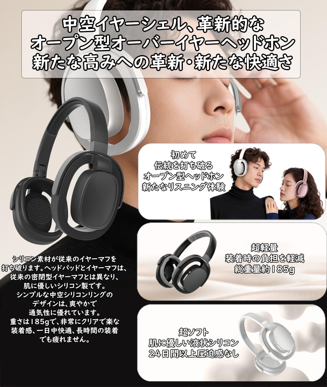 Headphones, Bluetooth 5.4, Wireless Headphones, Hollow Earmuffs + Open Design, Hear Ambient Voices, Built-in Mic, Hands-free Calling, Bluetooth Headphones, 1.6 inches (40 mm), HDD, Driver Unit, HIFI