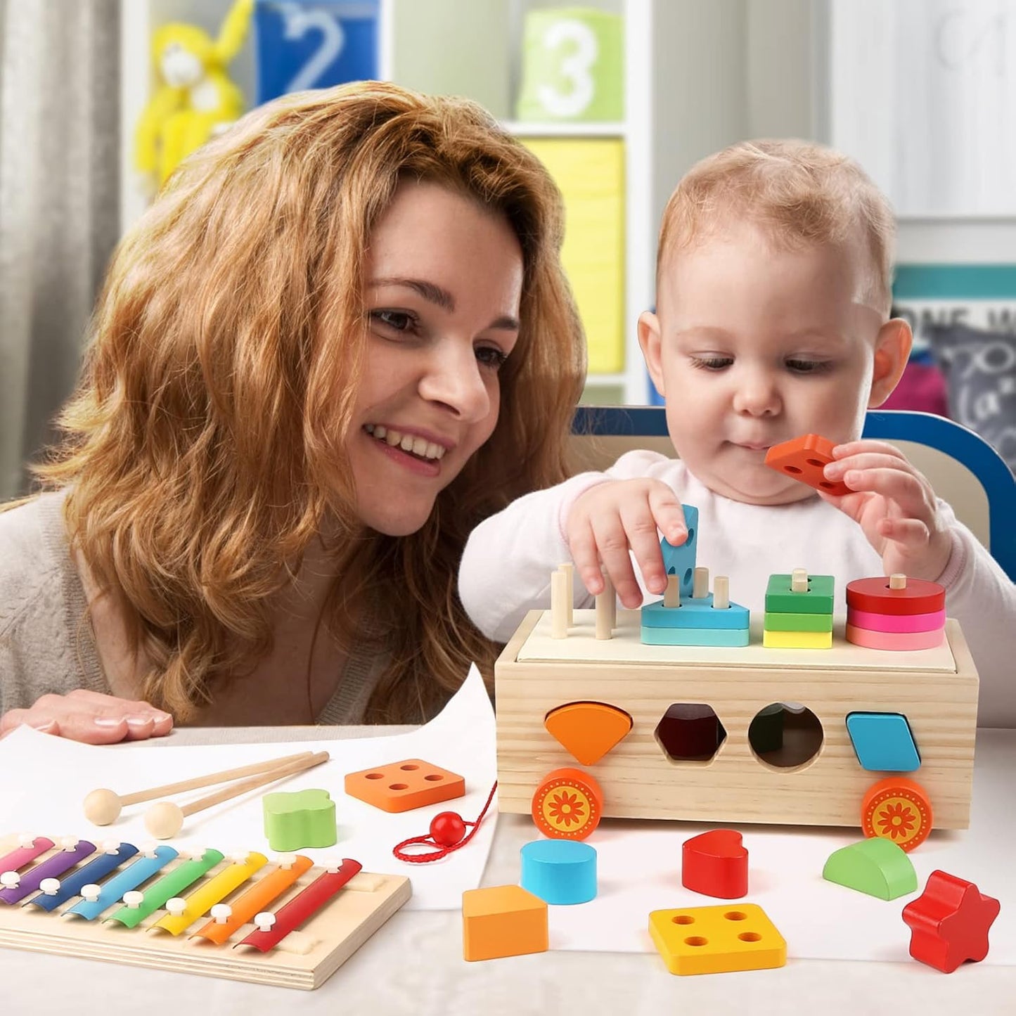 Montessori Educational Toy Toys 1 2 3 4 5 Years Old Boys Girls Birthday Present Ranking Wooden Shape Matching Musical Xylophone String Through Shape Sorter & Stacking Sensory Toy Infant Child Teaching