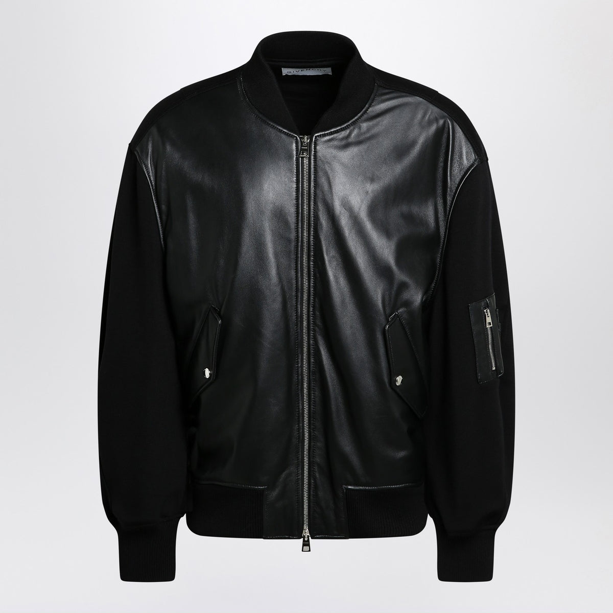 Givenchy Givenchy Black Leather Bomber Jacket With Wool Sleeves - Image 4