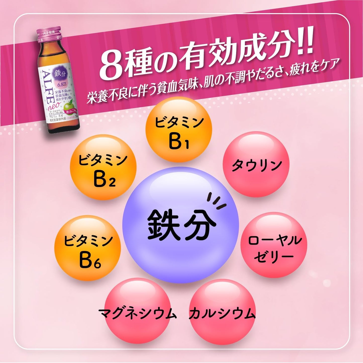【Designated Quasi-Drug】Taisho Pharmaceutical Alfe Neo 50ml x 10 bottles Iron Vitamin B Group Magnesium Calcium Royal Jelly Taurine Green Apple Easy to Drink Low Calorie No Caffeine Skin Disorders