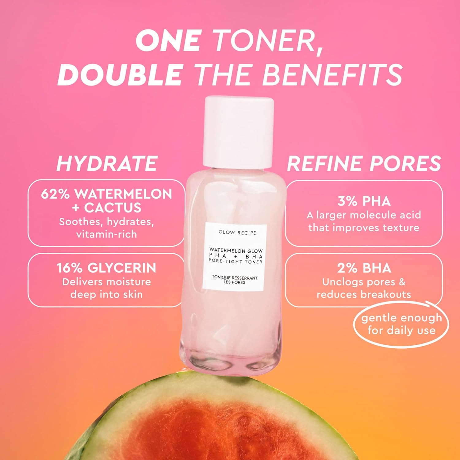 Glow Recipe PHA + BHA Tónico Facial - Minimizador de Poros de Cuidado Coreano de la Piel & Exfoliante Facial Suave para Apretar, Hidratar & Exfoliar - Glicerina, Sandía & Agua de Cactus (40ml)