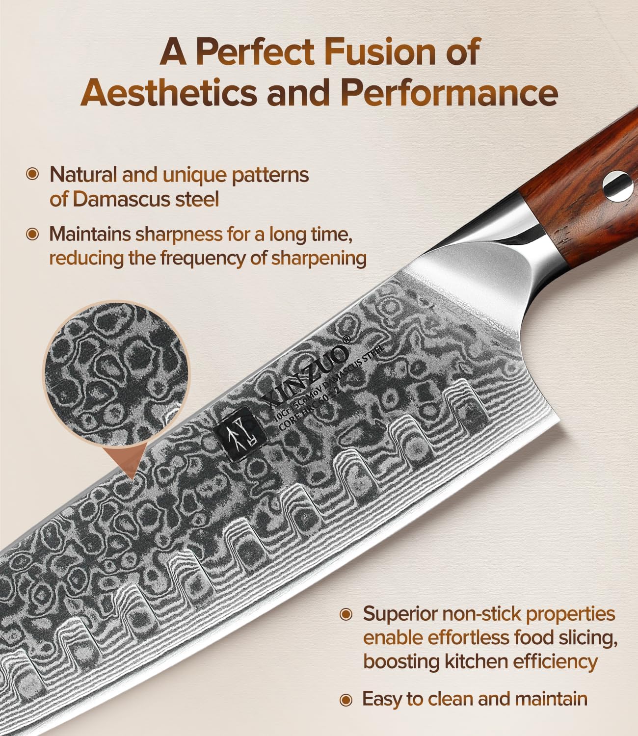 XINZUO Damascus Steel Santoku Knife 18cm Santoku Knife - Professional Chef Knife Multifunctional Kitchen Cooking Knife, Suitable for Cutting Meat, Vegetables and Fruits - Ergonomic Rose Wood Handle
