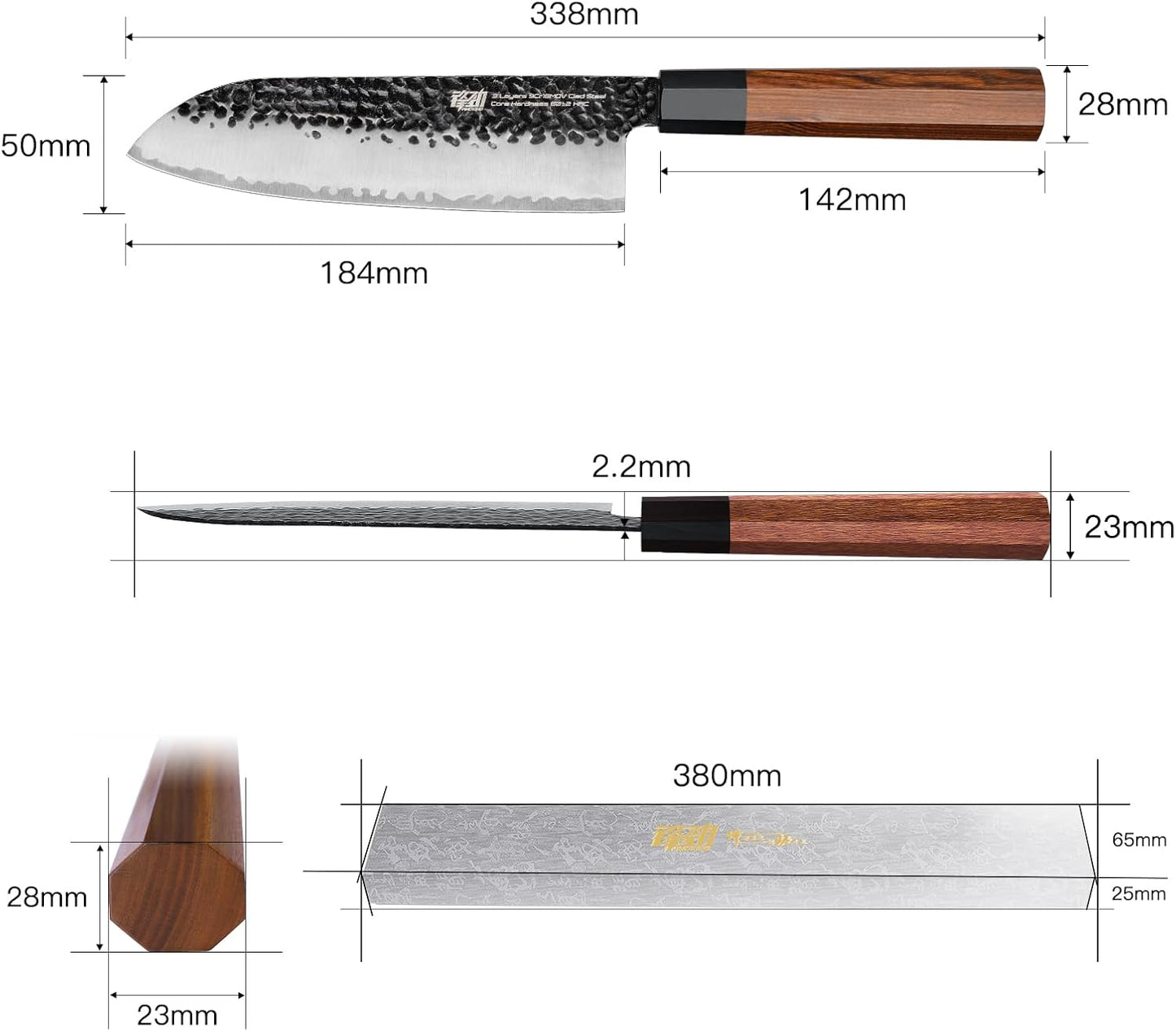 FINDKING [DYNASTY] Santoku Knife, Chef's Knife, 7.0 inches (178 mm), 3-Tier, 9CR18MOV Clad Steel, Octagonal Handle, For Home Use, Vegetable Chopping