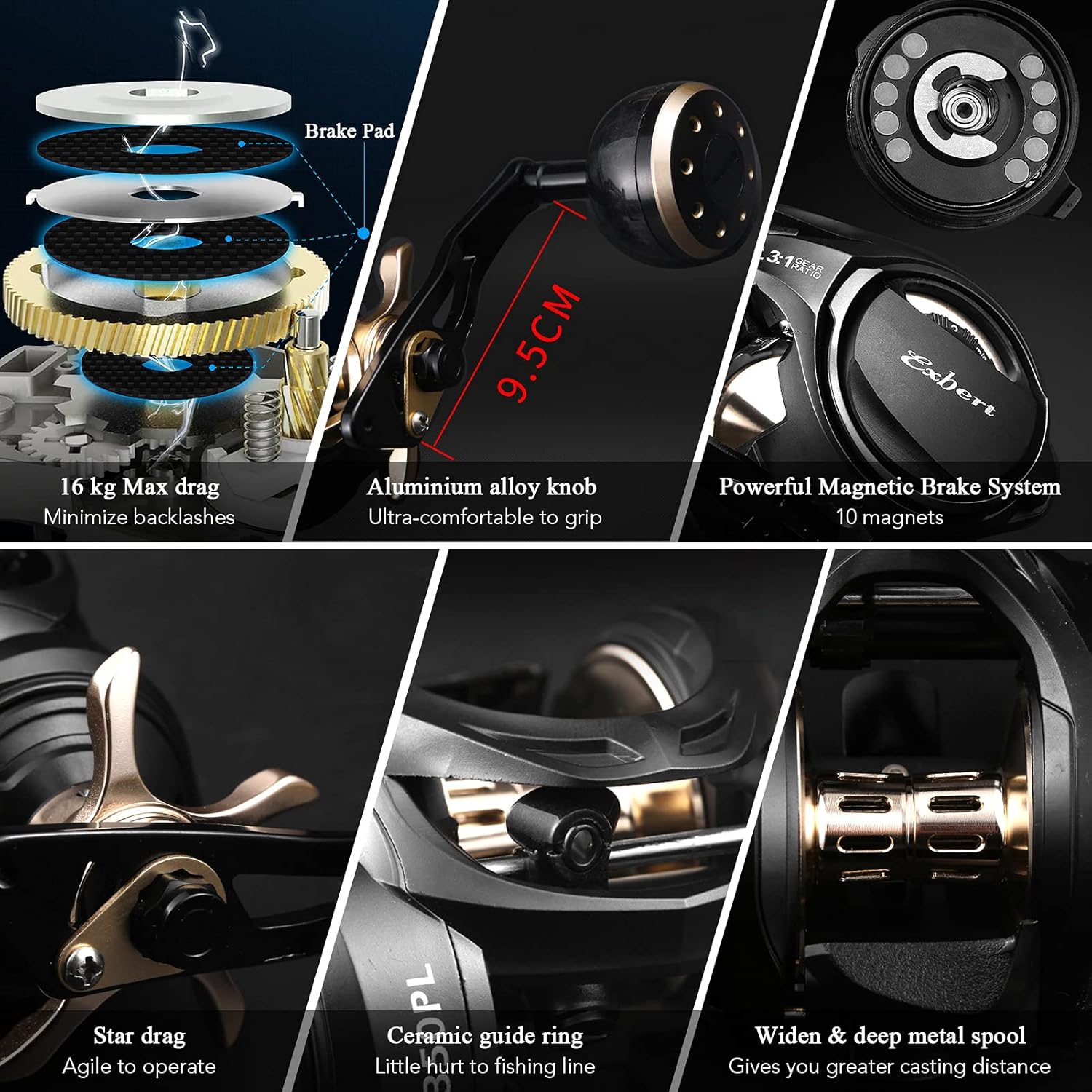 Carbon Fiber Baitcasting Reel 9+1BB Fishing Reel High Speed 6.3:1 Gear Ratio Magnetic Brake System Right Hand Baitcaster Reel