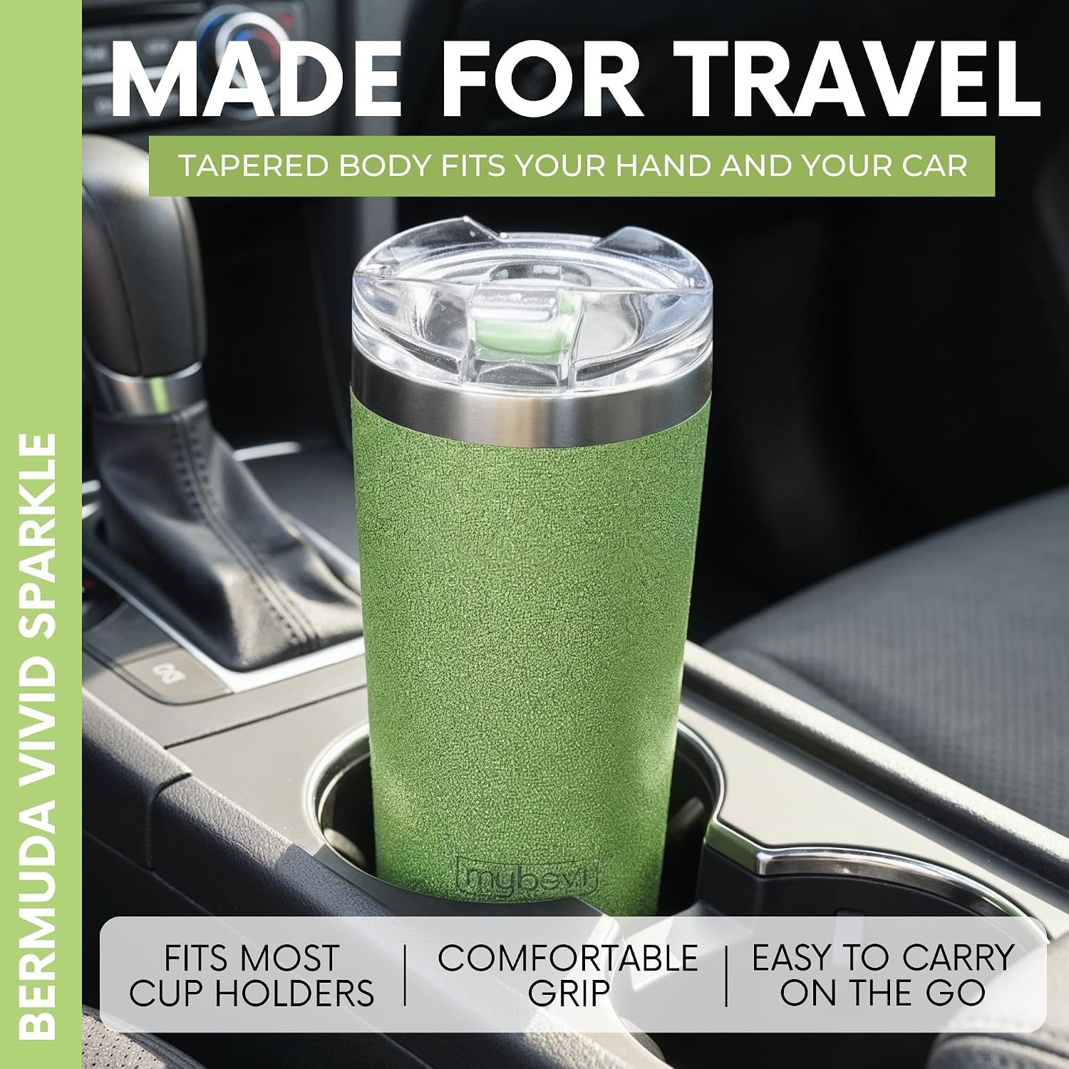 MyBevi Bermuda Vivid Sparkle - Vaso de acero inoxidable aislado con tapa, doble pared sellada al vacío, taza de viaje apta para soportes de automóvil, 20 onzas, verde menta