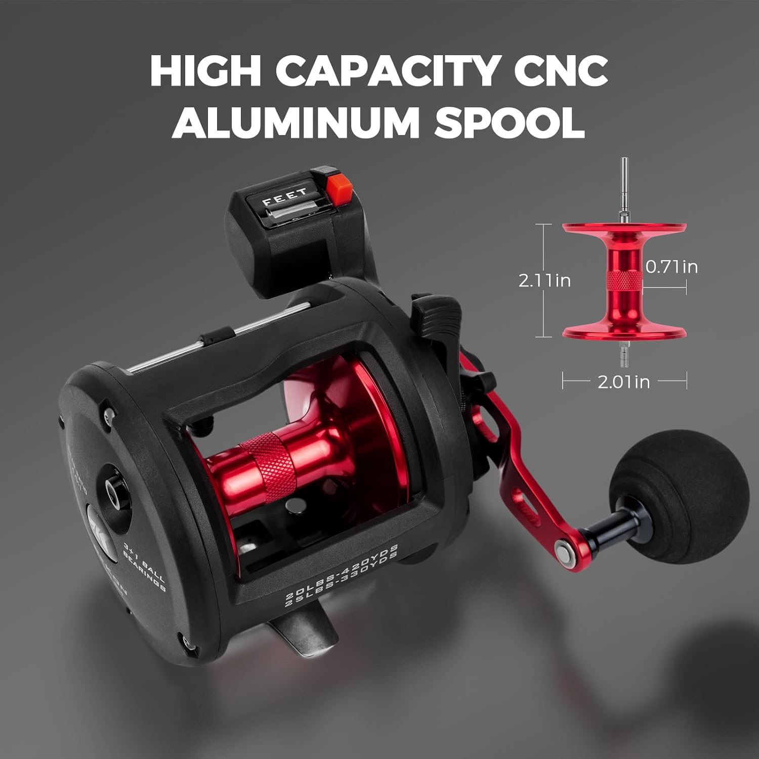 KastKing ReKon Line Counter Trolling Fishing Reel Round Baitcasting Reel Left Handed Size 30