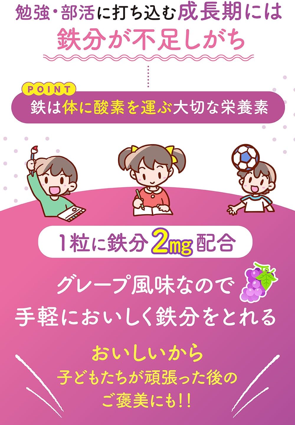 TONY こども鉄＆亜鉛チュアブル 鉄2mg 亜鉛2mg カルシウム マグネシウム ビタミンC DHA配合 おいしいグレープ味 偏食対策 成長期サポート 国内製造 30日分